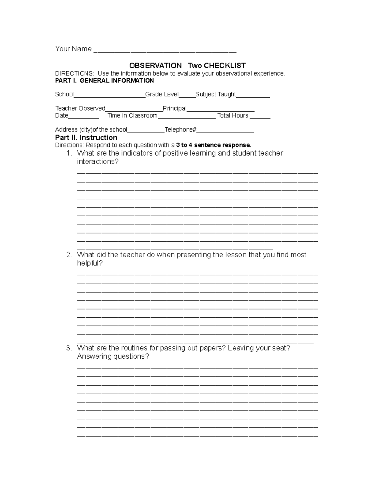 Observation Checklist Two 2 - Your Name ...