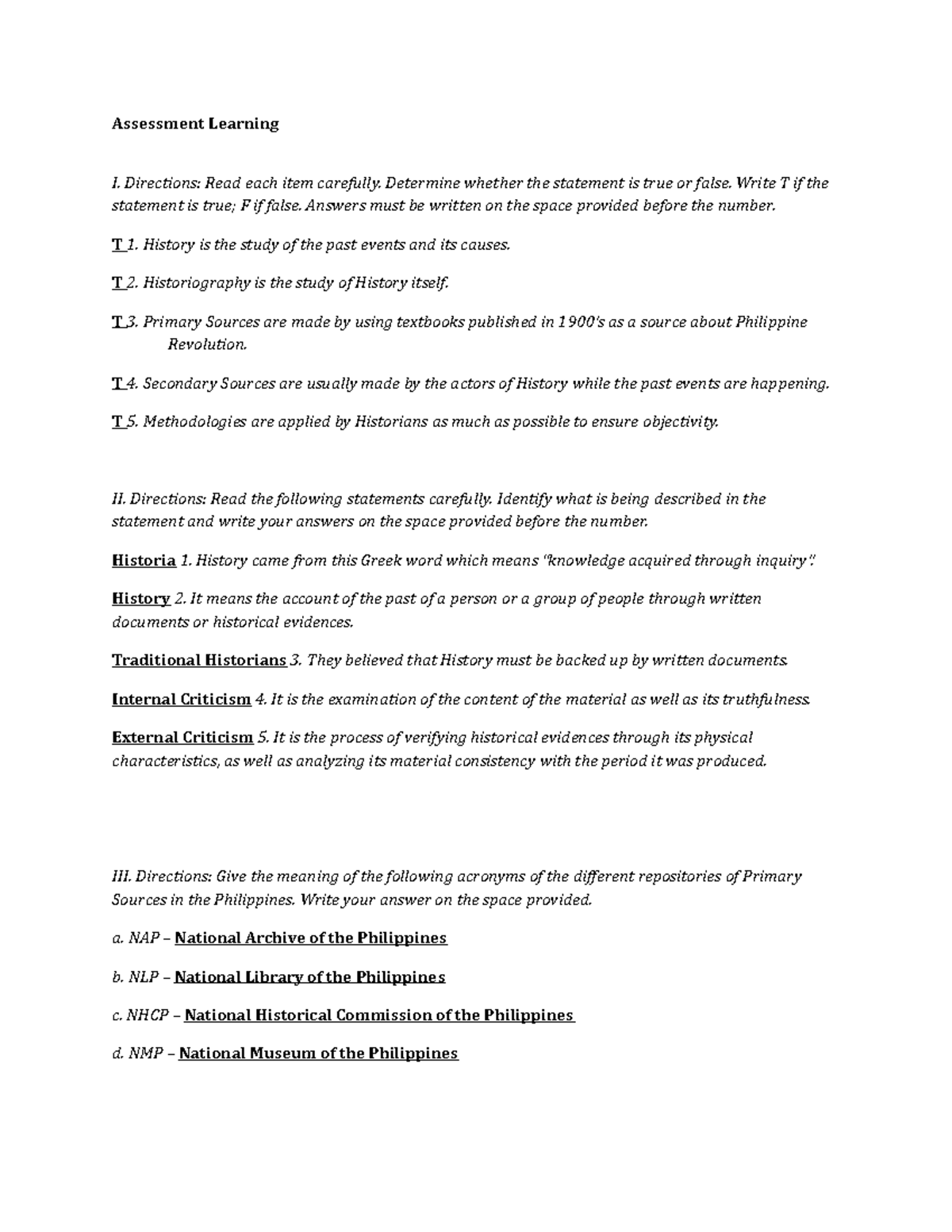 Assessment-Learning-1 - Assessment Learning I. Directions: Read each ...