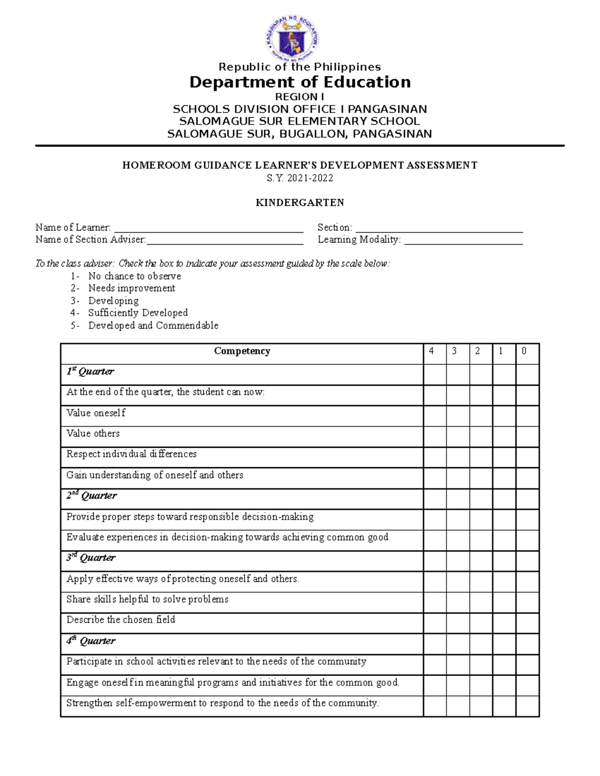 Annex 5 HG Learners Devt Assessment - Department of Education REGION I ...