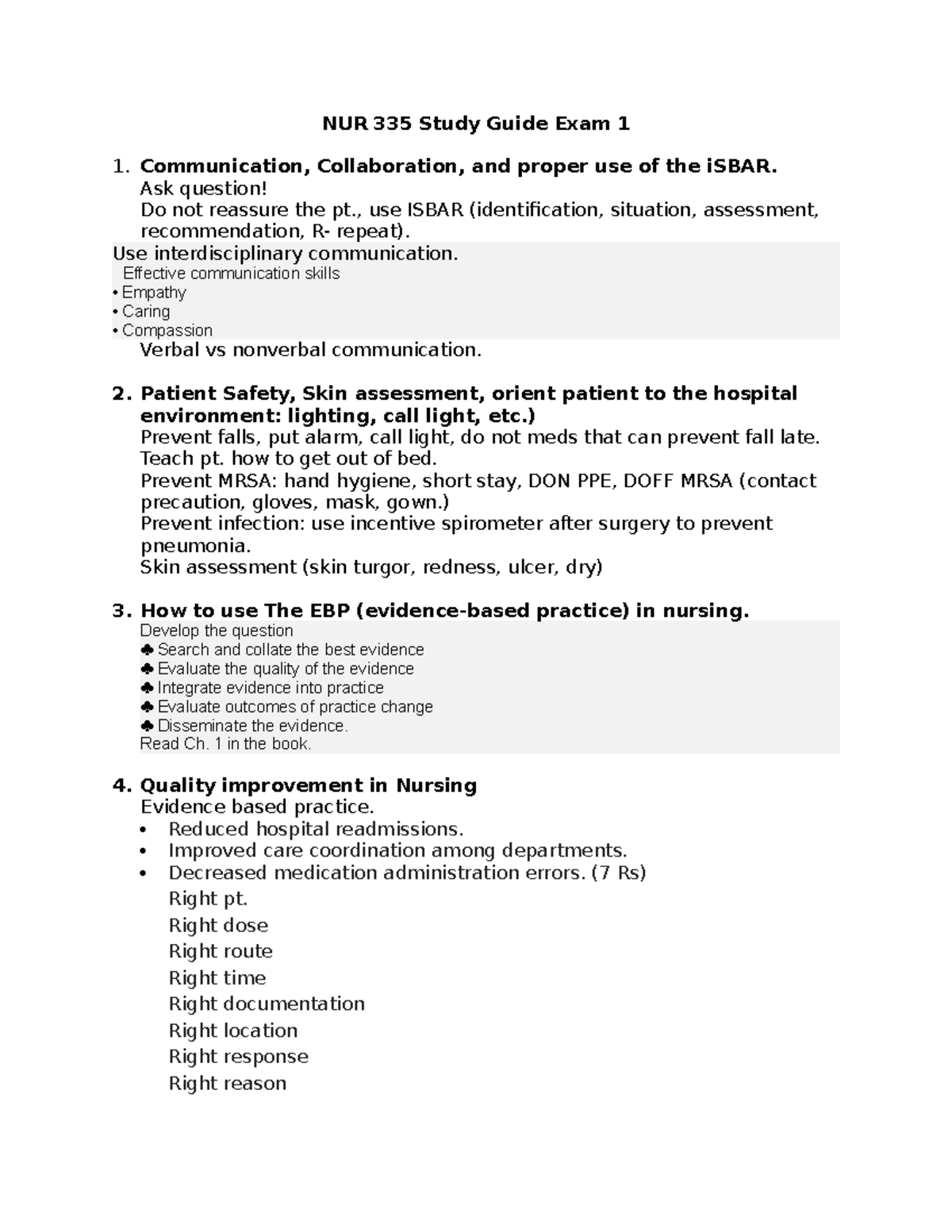 MED SURG Study Guide Exam 1 - NUR 335 Study Guide Exam 1 Communication ...