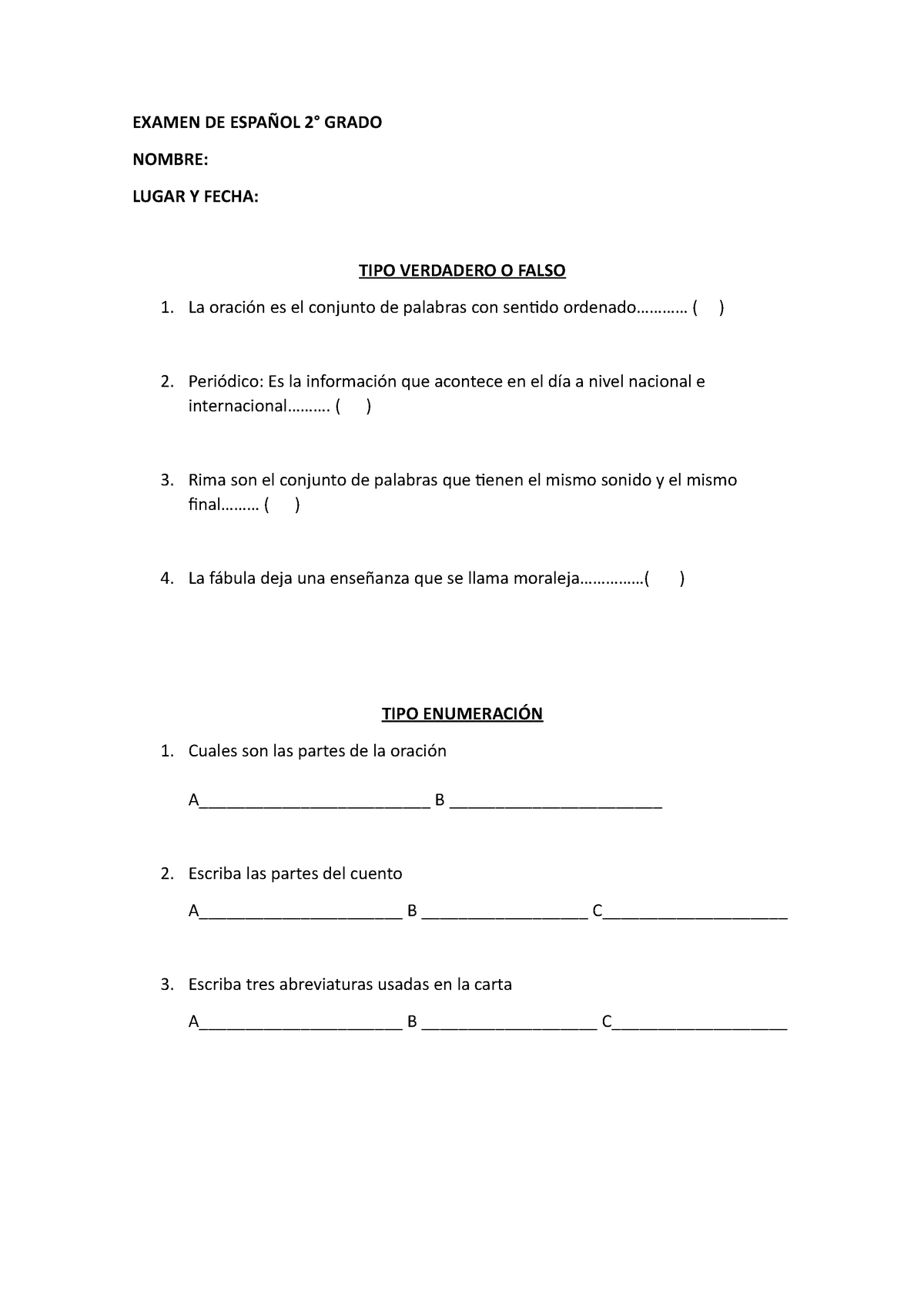 evaluacion de español 2do. online exercise for