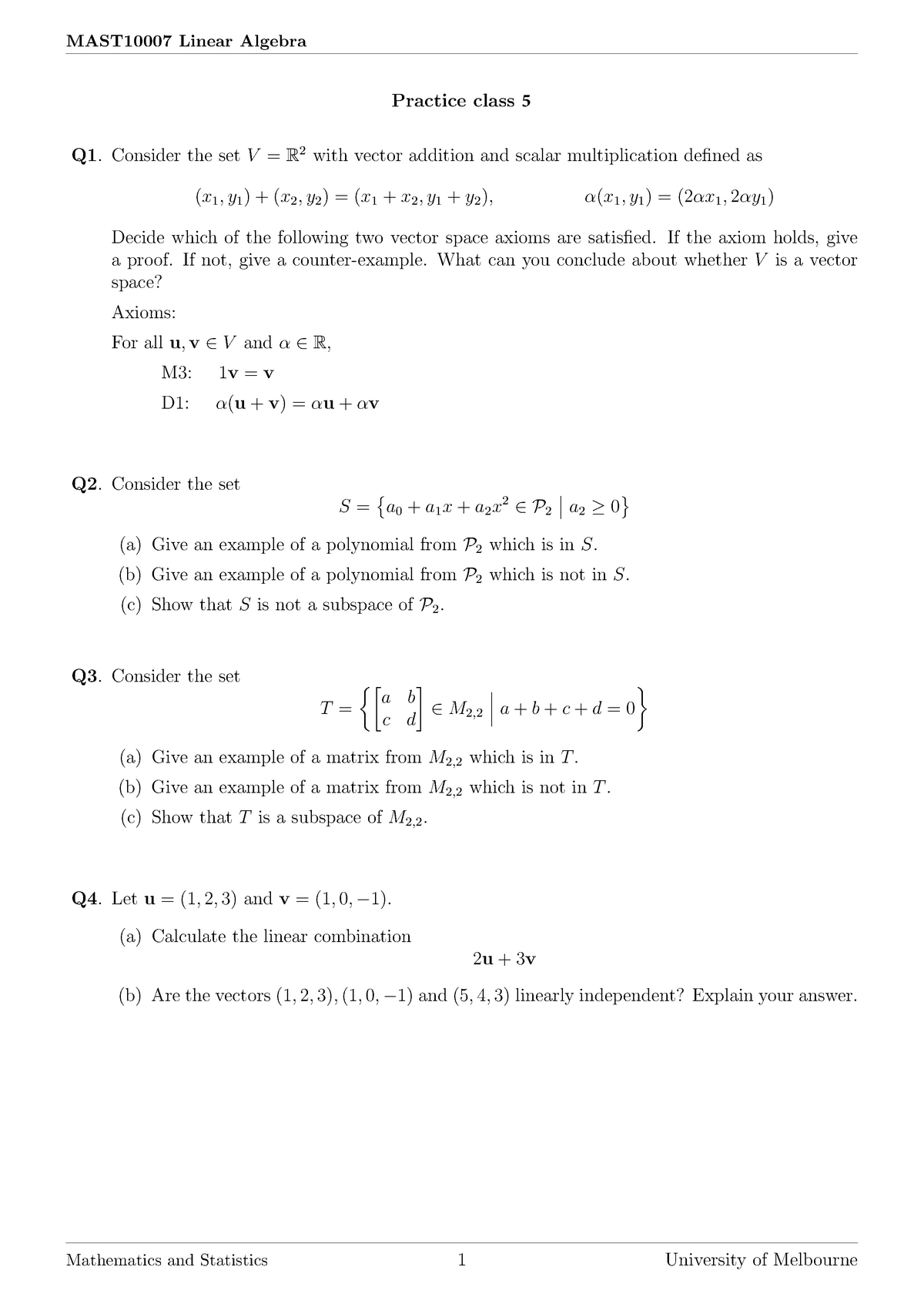 Tute5questions - Tutorial Work - MAST10007 Linear Algebra Practice ...