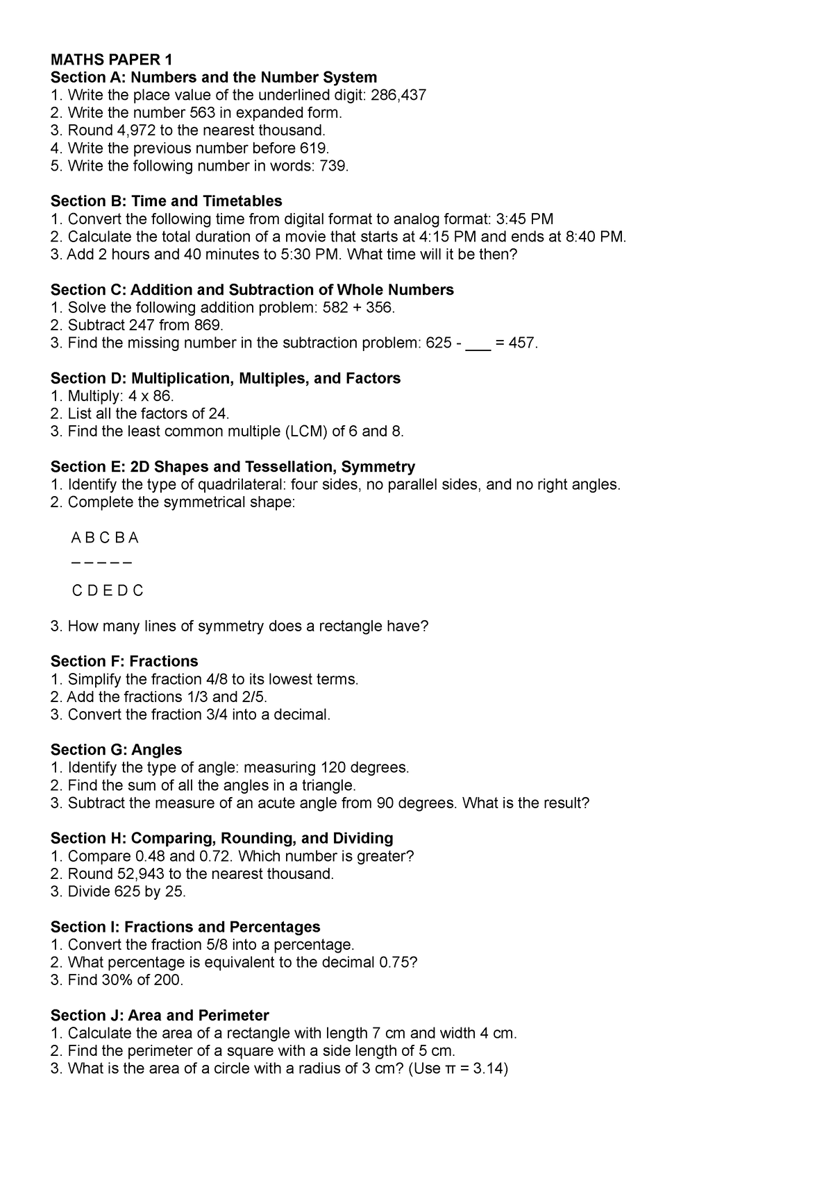 Maths Paper 1 - MATHS PAPER 1 Section A: Numbers and the Number System ...