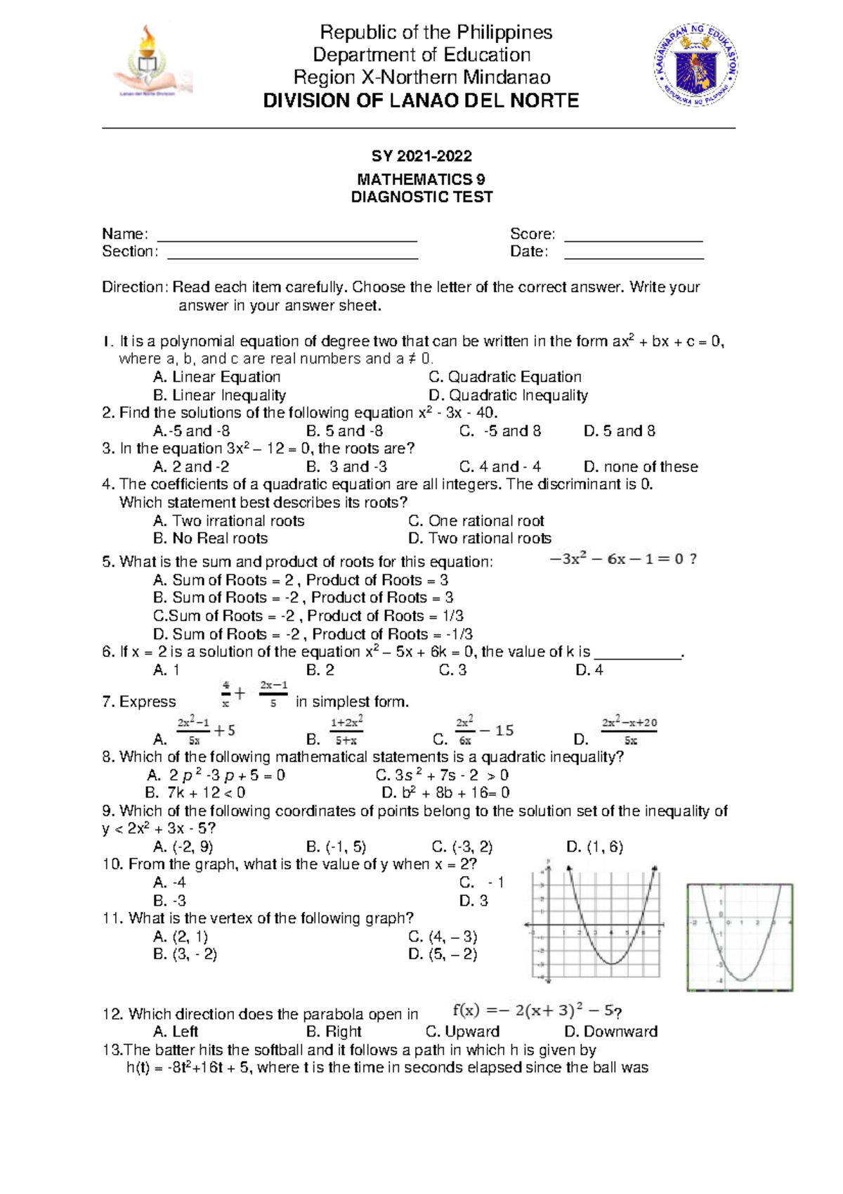 math-9-diagnostic-test-republic-of-the-philippines-department-of-education-region-x-northern