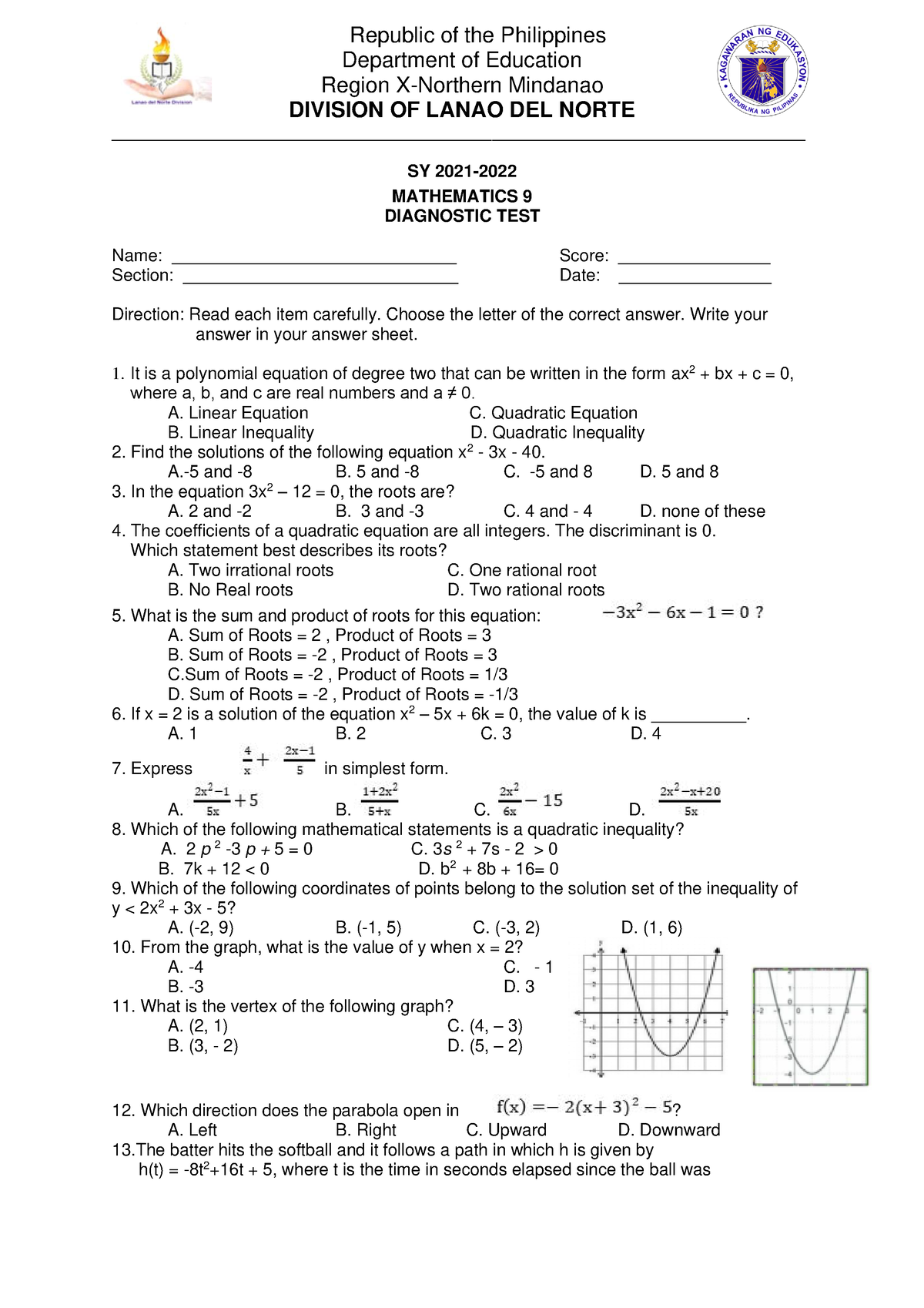 Math 9 Diagnostic Test Republic Of The Philippines Department Of 