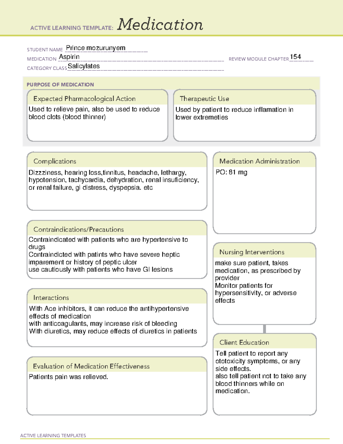 Aspirin ati medication ACTIVE LEARNING TEMPLATES Medication STUDENT