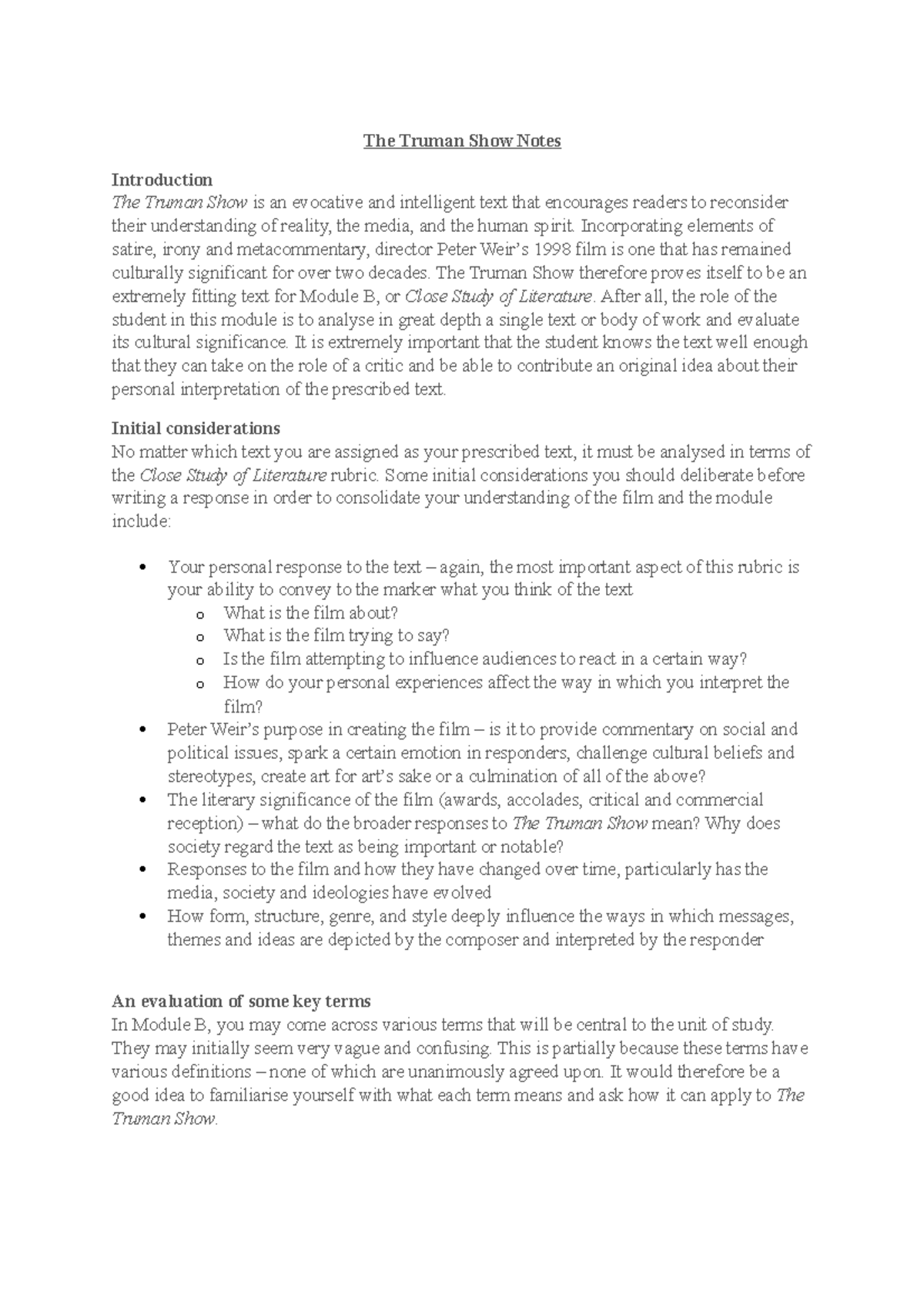 Module B notes The Truman Show Notes Introduction The Truman Show is