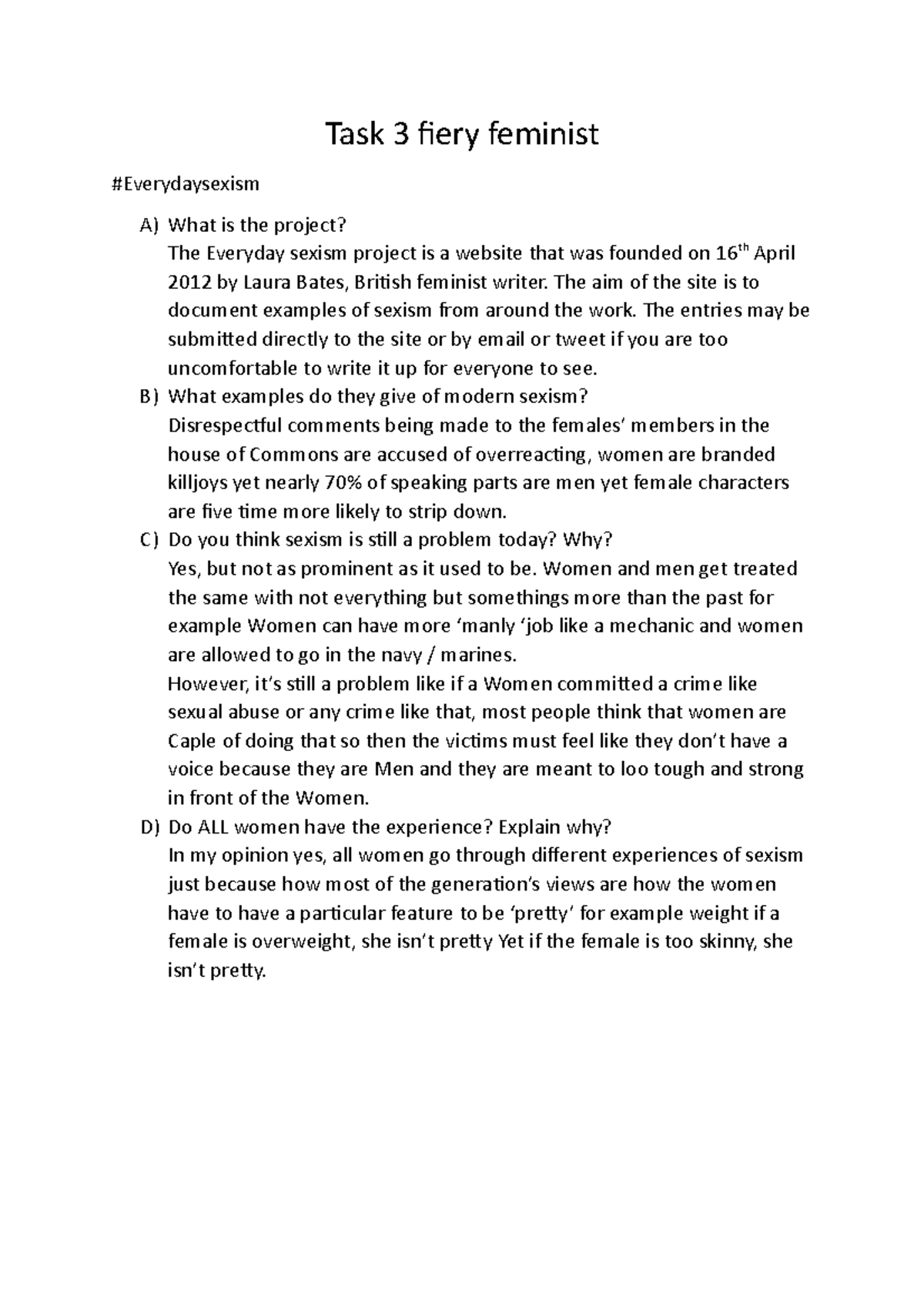 Task 3 fiery feminist - ... - Task 3 fiery feminist #Everydaysexism A ...
