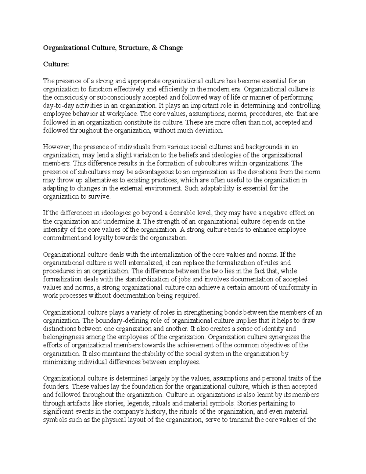 Organizational Culture, Structure, & Change - Organizational Culture ...