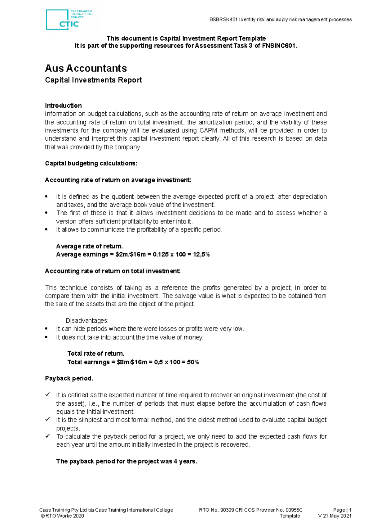 Fnsinc 601 Template Task 3 - Capital Investment Report Template ...