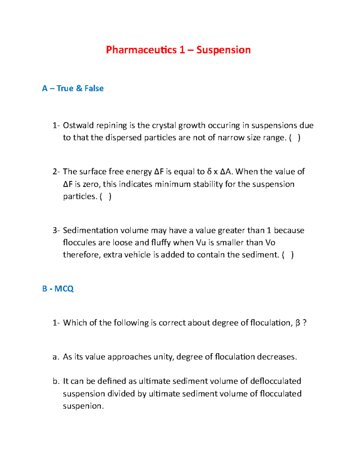 Suspension Questions Pharmaceutics 1 Pharmaceutics 1 Suspension A