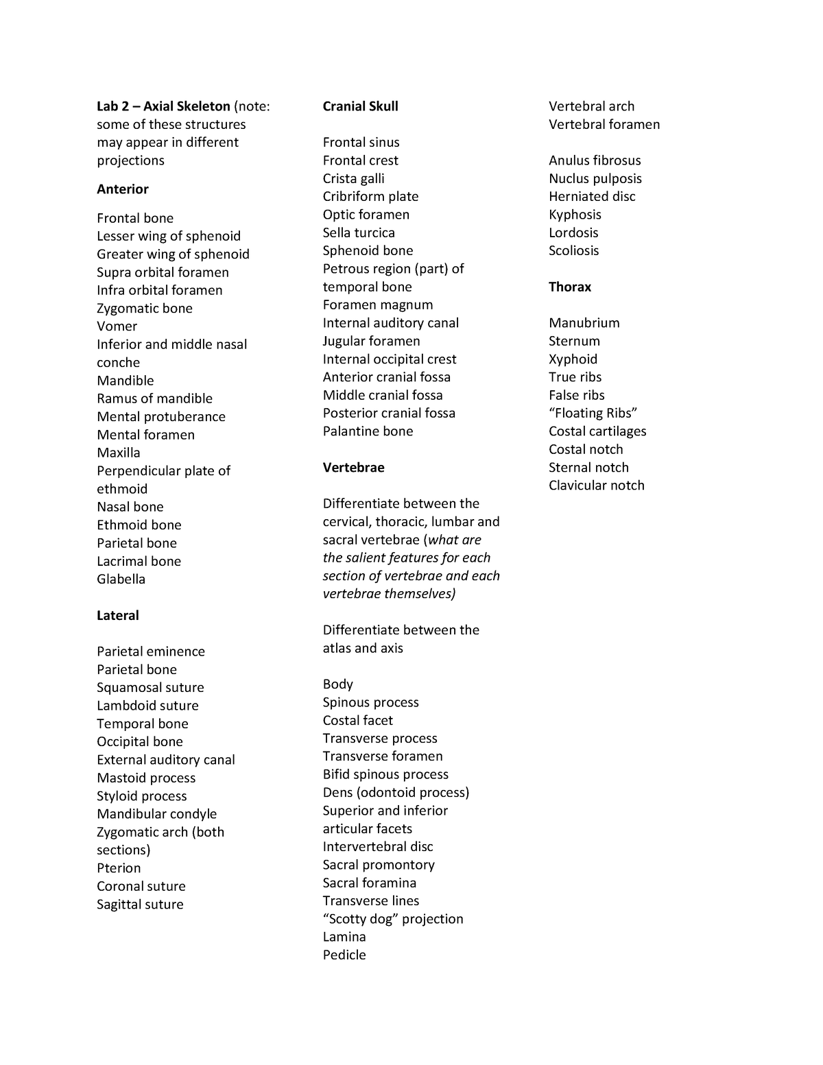 Lab 2 - Axial Skeleton Objectives - Lab 2 – Axial Skeleton (note: some ...