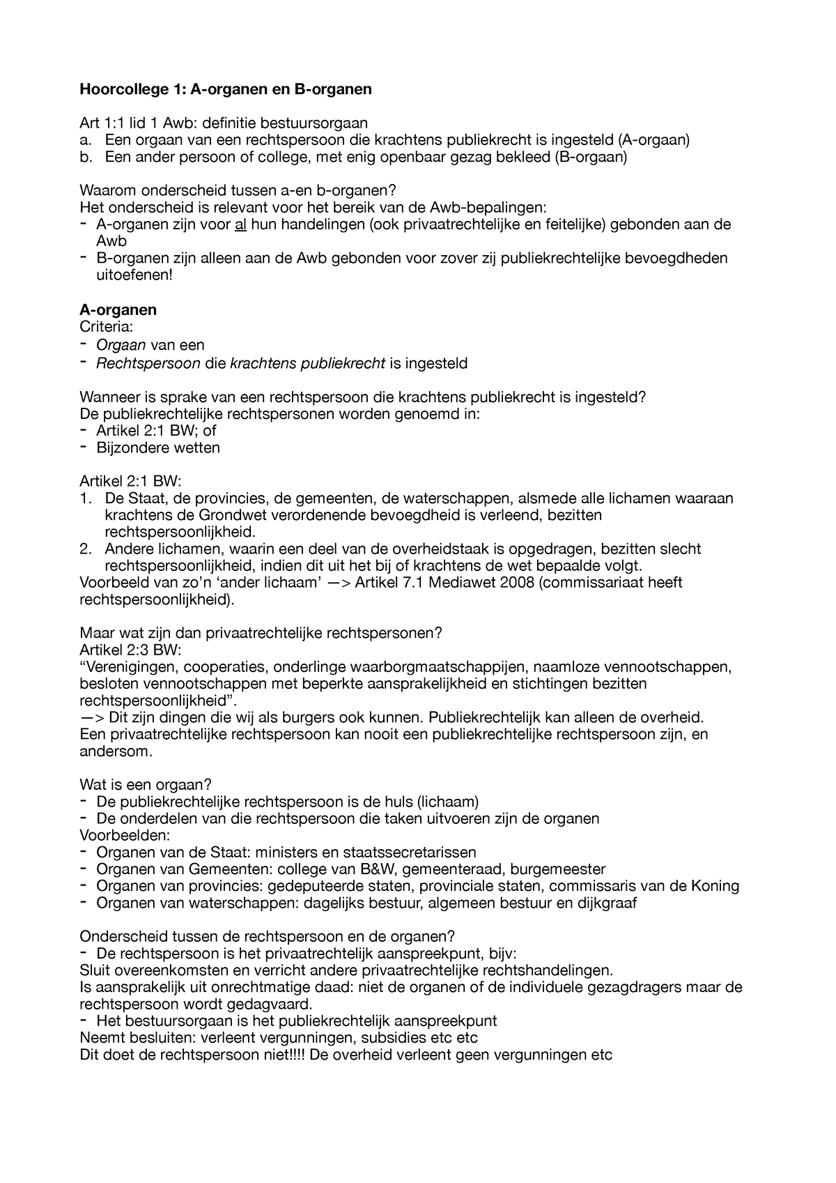 Inleiding Bestuursrecht - Hoorcollege 1: A-organen En B-organen Art 1:1 ...