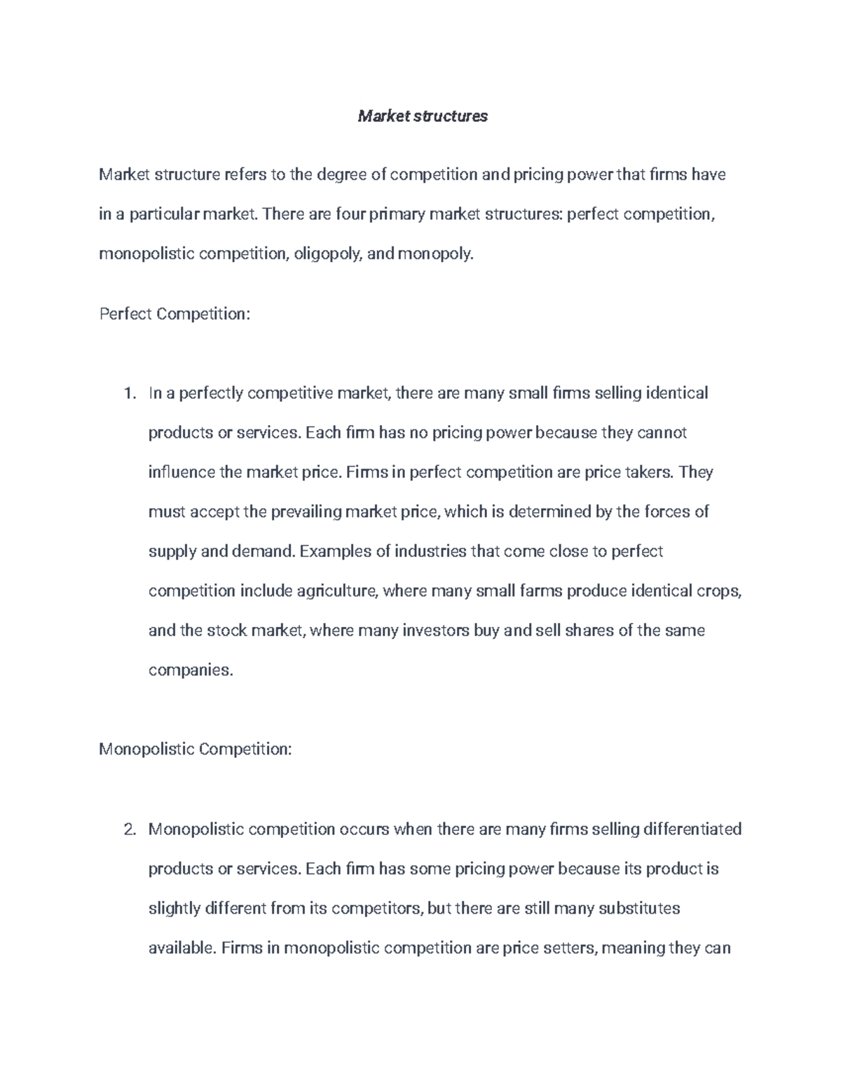 Notes on Market structures - Market structures Market structure refers ...