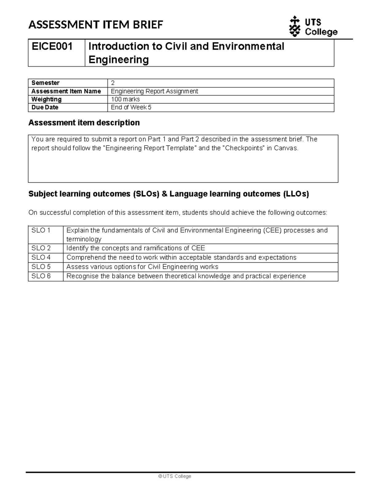 Assessment Brief - Engineering Report Assignment - © UTS College ...