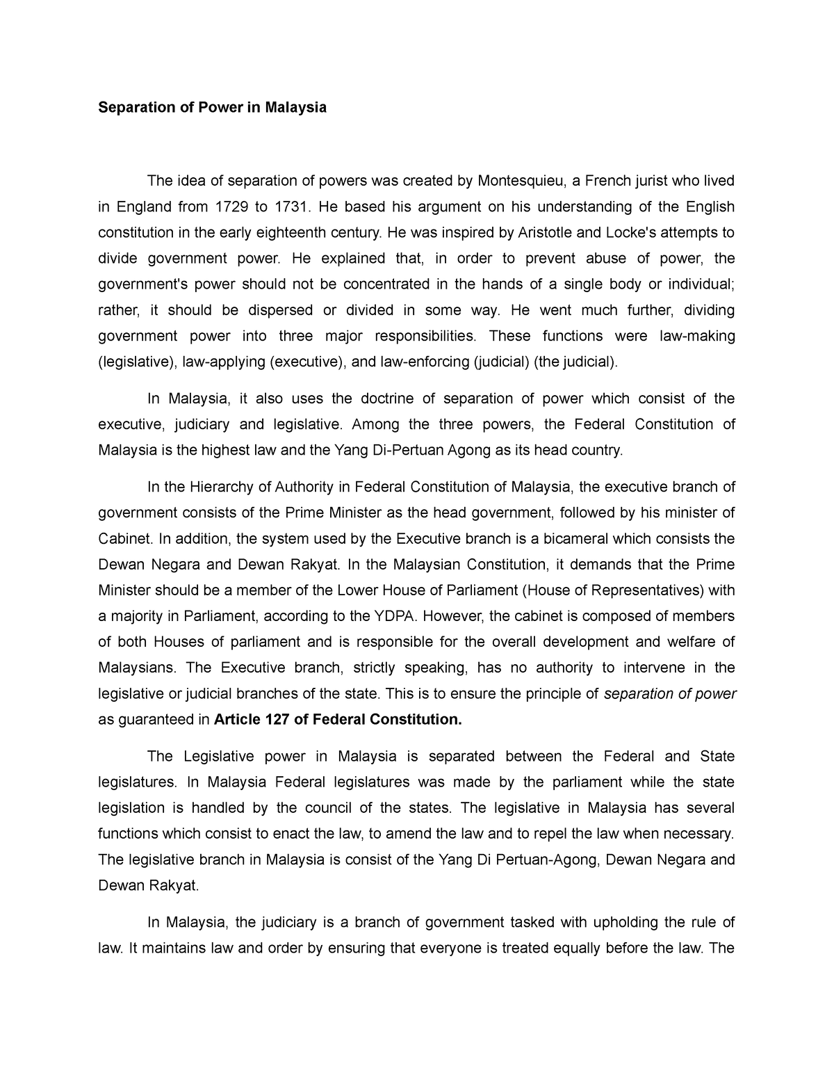 separation of power in malaysia essay