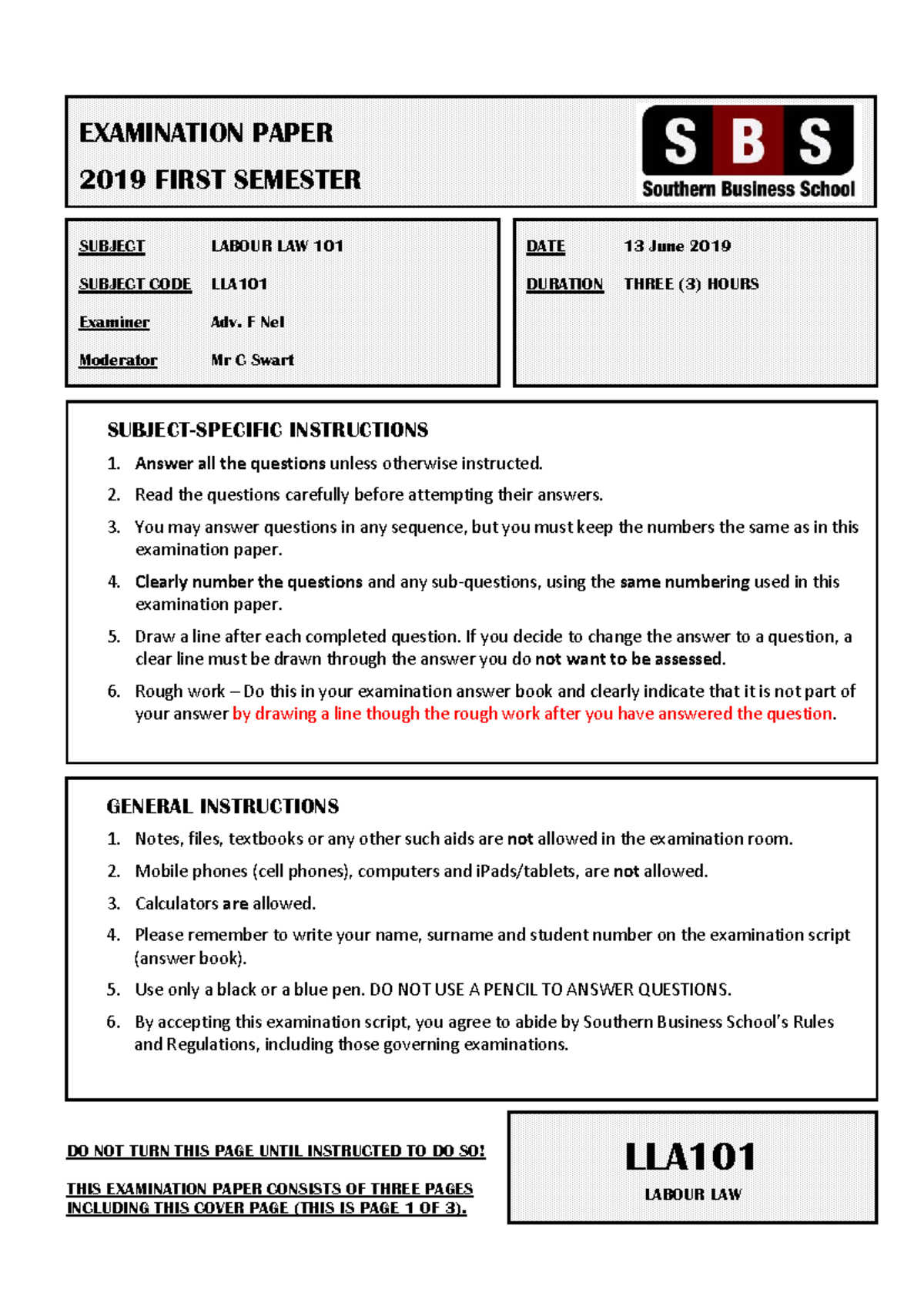 LLA101 2019 01 EXAM - LLA - GENERAL INSTRUCTIONS Notes, files ...