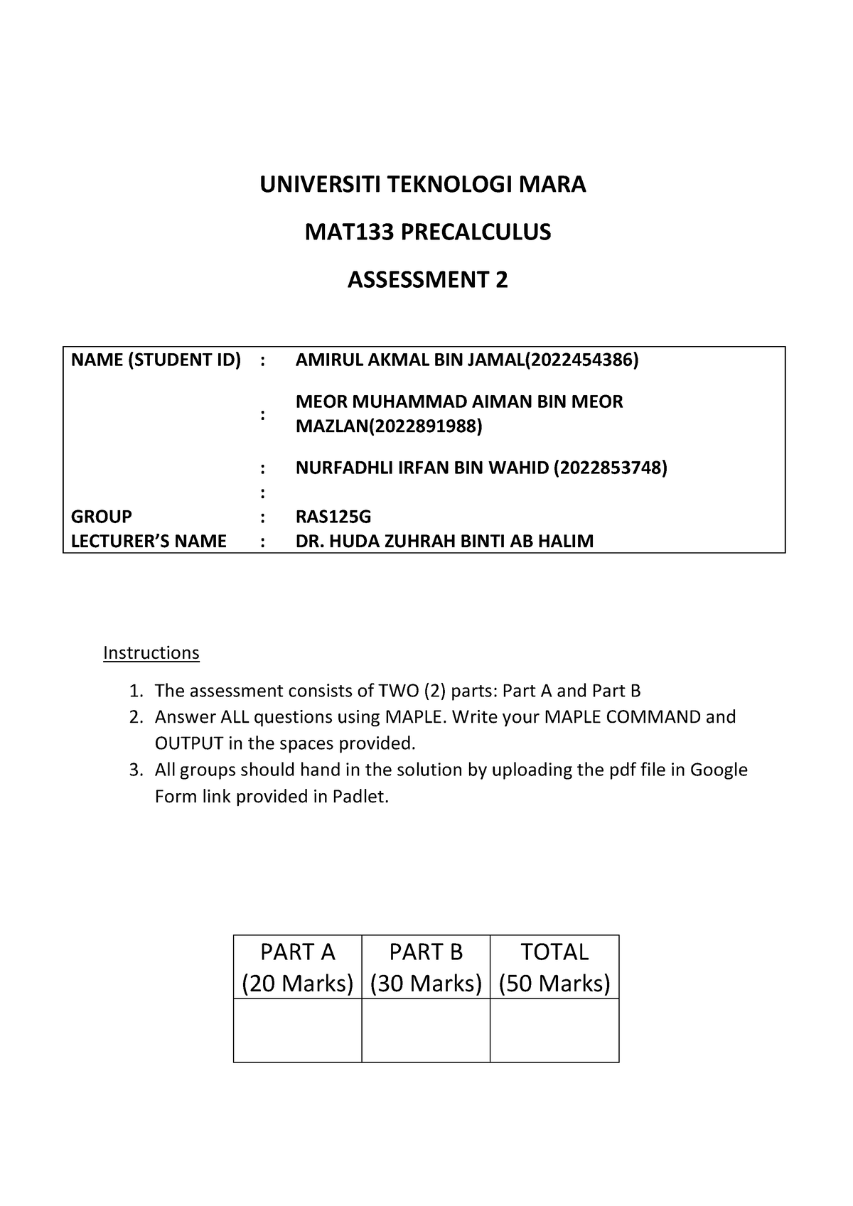 Assassment 2 PRE Calculus - UNIVERSITI TEKNOLOGI MARA MAT133 ...