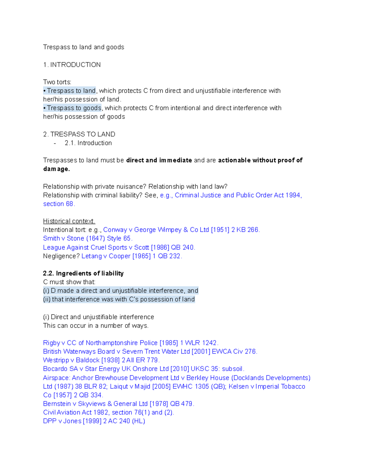 Further tort l11 - Trespass to land and goods 1. INTRODUCTION Two torts ...