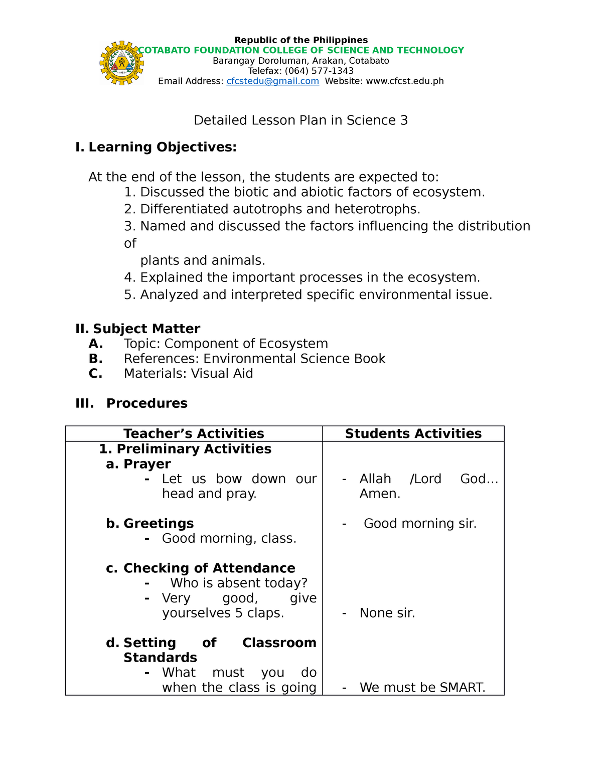 LP Environmental Science - COTABATO FOUNDATION COLLEGE OF SCIENCE AND ...