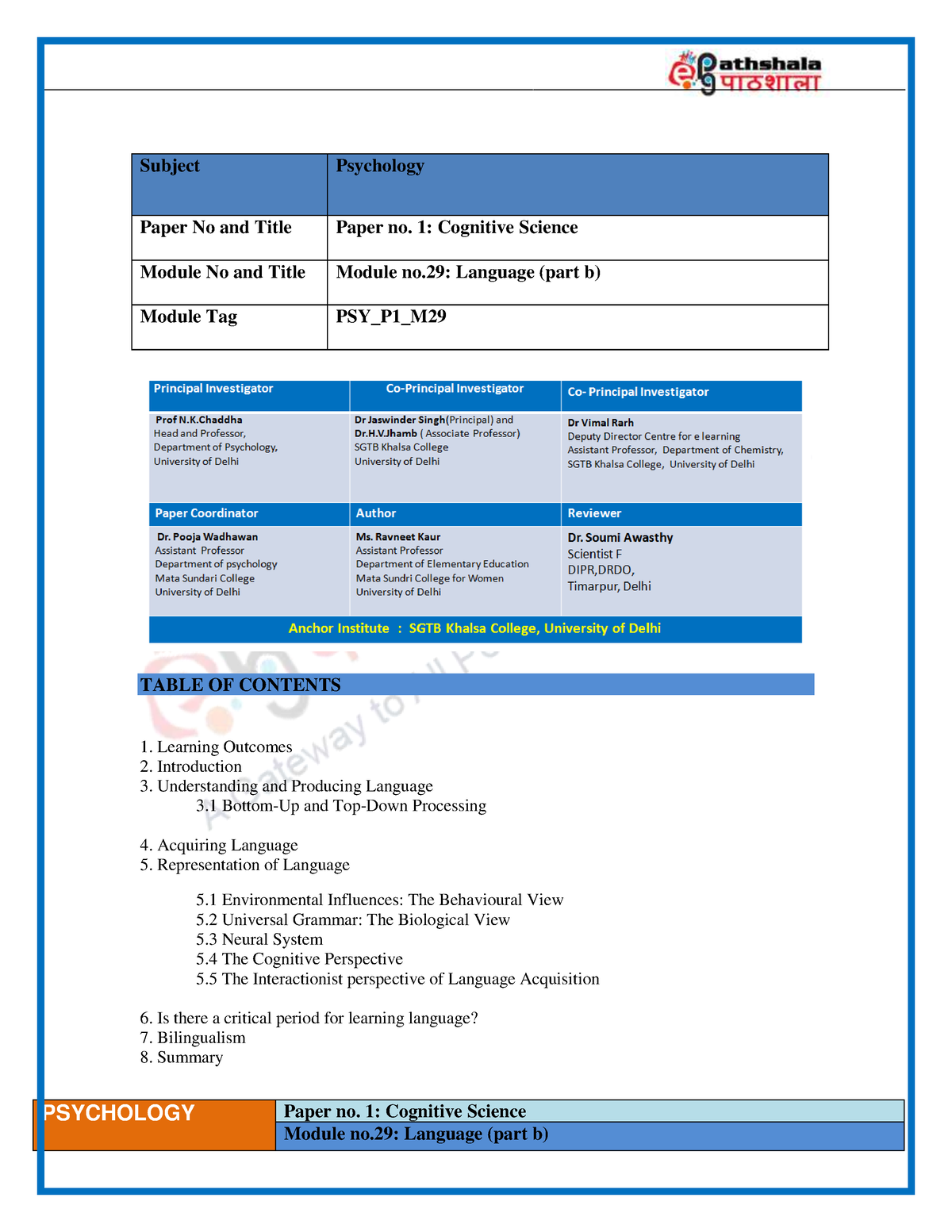 Language (part B) - PSYCHOLOGY Paper No. 1: Cognitive Science Subject ...