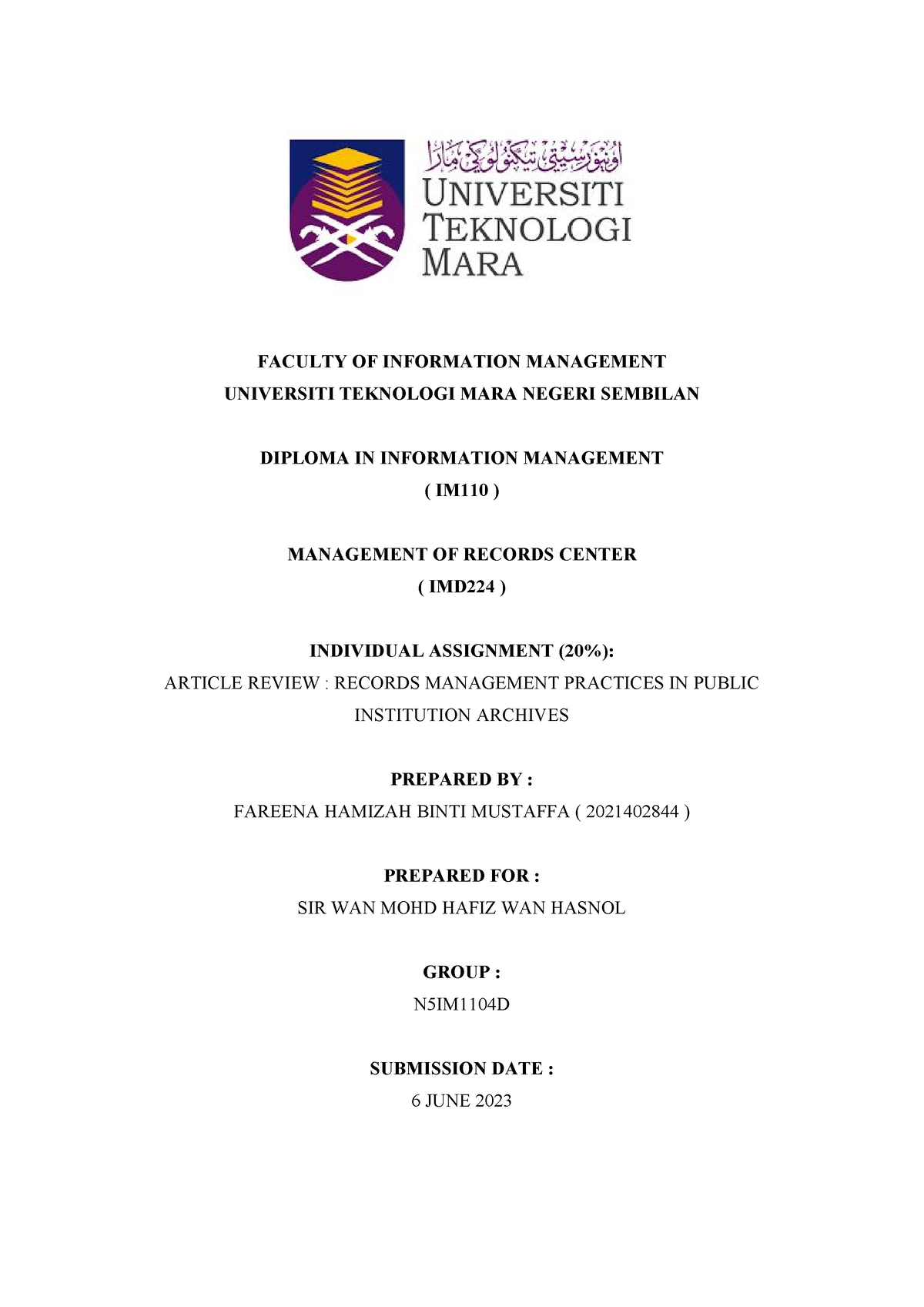 Individual Assignment IM224 - FACULTY OF INFORMATION MANAGEMENT ...