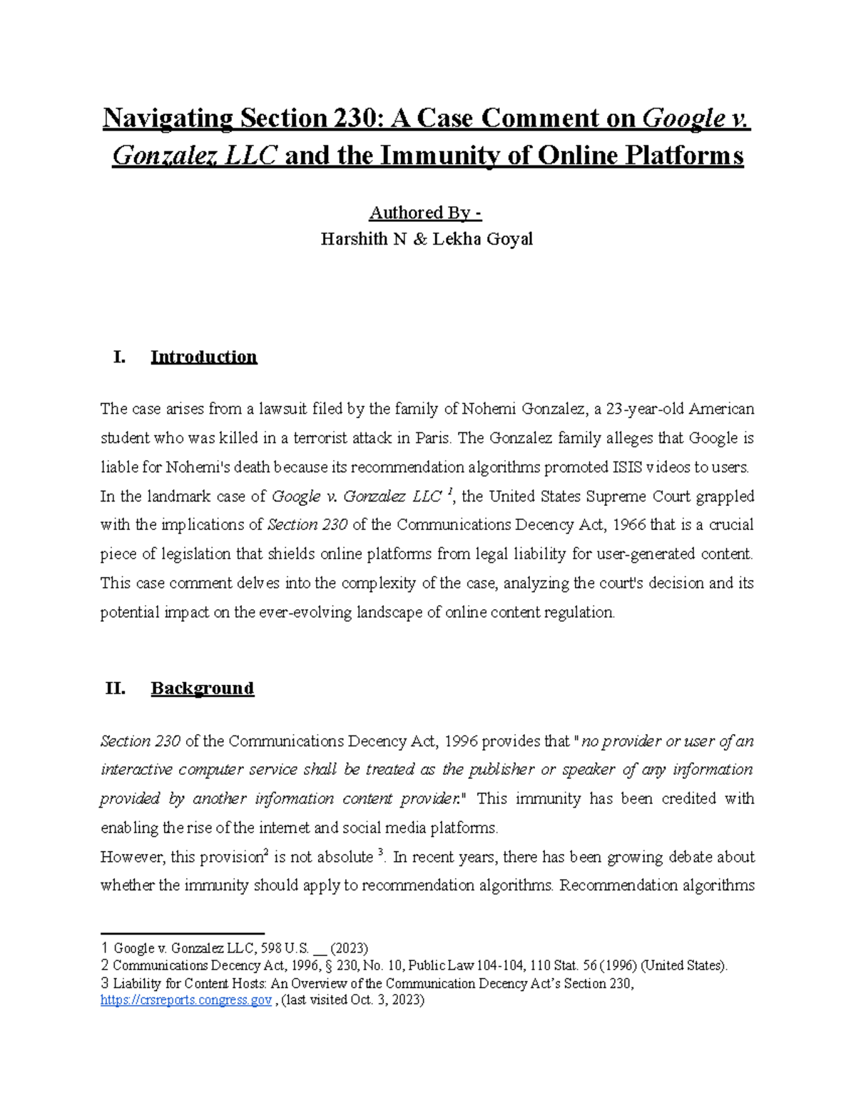 Case Comment good lecture notes Navigating Section 230 A Case