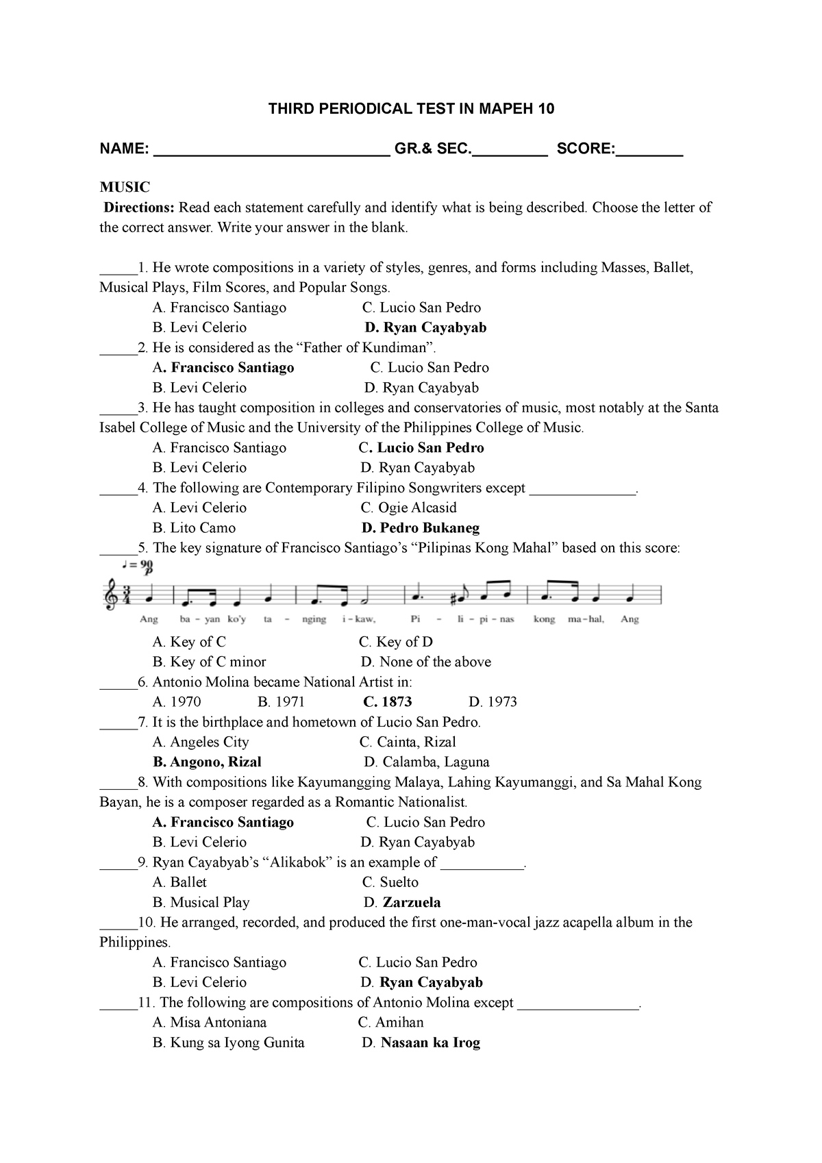 PT G10 Mapeh - Lecture Notes - THIRD PERIODICAL TEST IN MAPEH 10 NAME