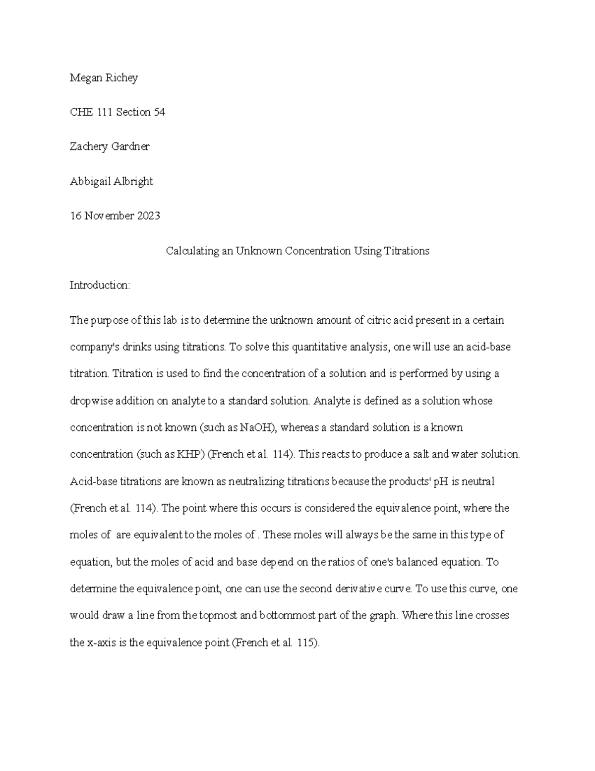 7 Richey Megan - Lab report for lab 7 CHE 111 - Megan Richey CHE 111 ...