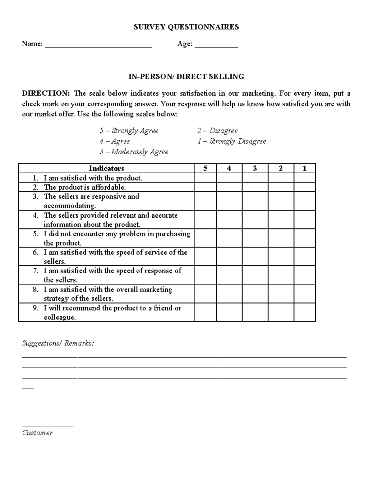 Direct Selling Questionnaires 1 - SURVEY QUESTIONNAIRES Name