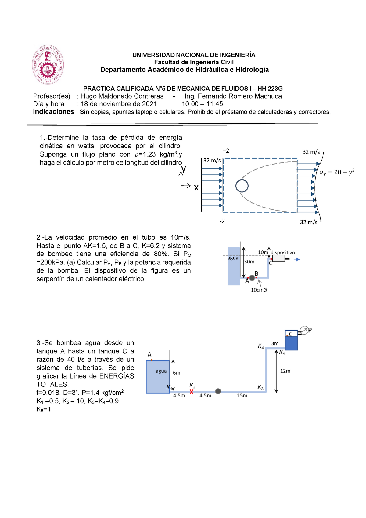 Practica Calificada Numero 5 De Mecánica De Fluidos - UNIVERSIDAD ...