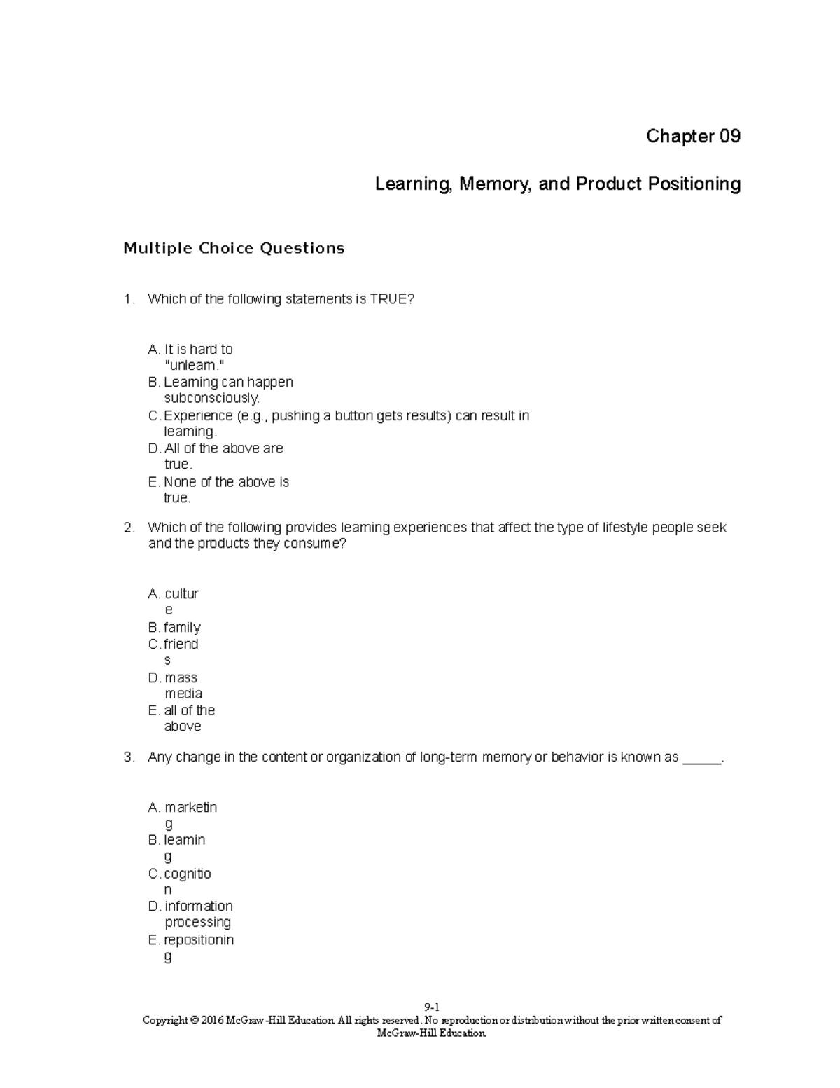 TBChap 009 - Many exercises - Chapter 09 Learning, Memory, and Product ...