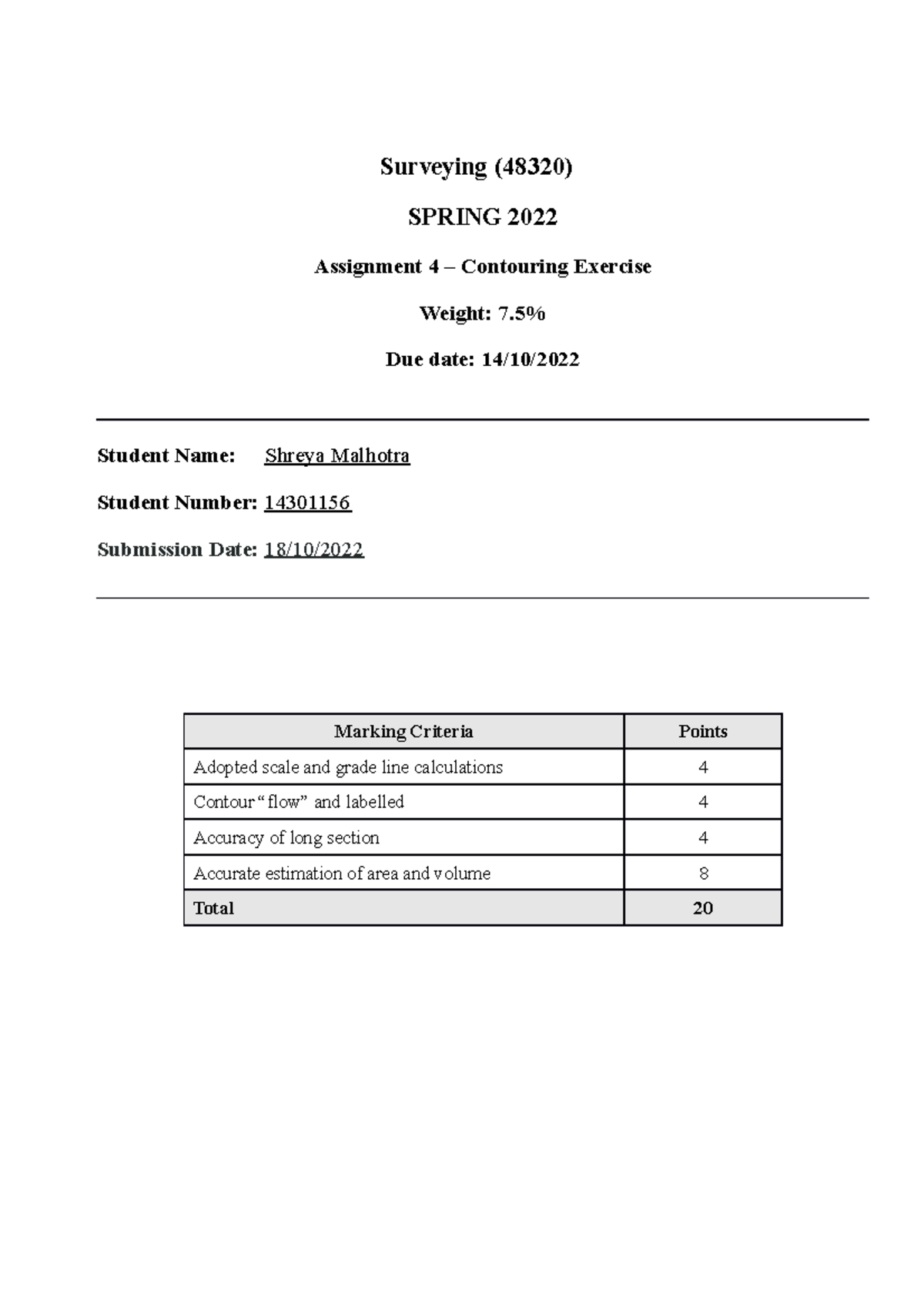 A4 Contouring Assignment - Surveying (48320) SPRING 2022 Assignment 4 ...