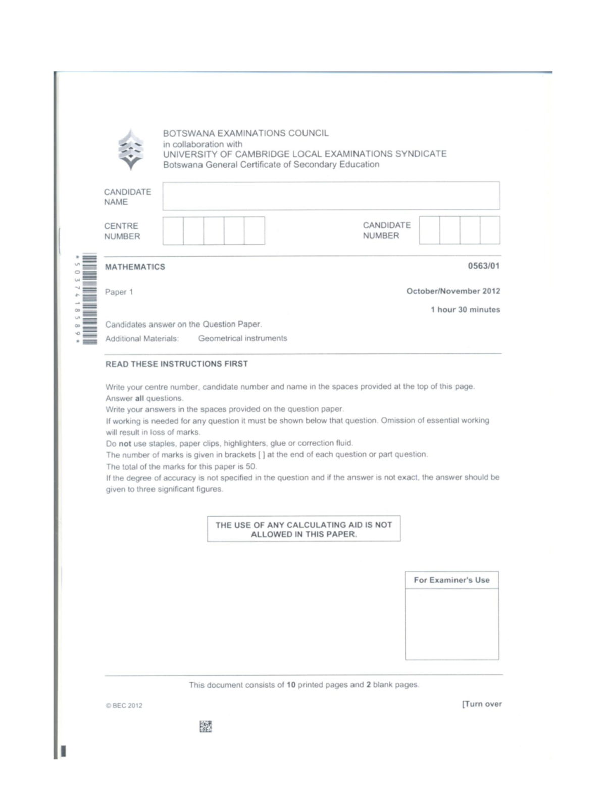 Bgcse Maths Paper 1, 2012-2015 - BOTSWANA EXAMINATIONS COUNCIL In ...