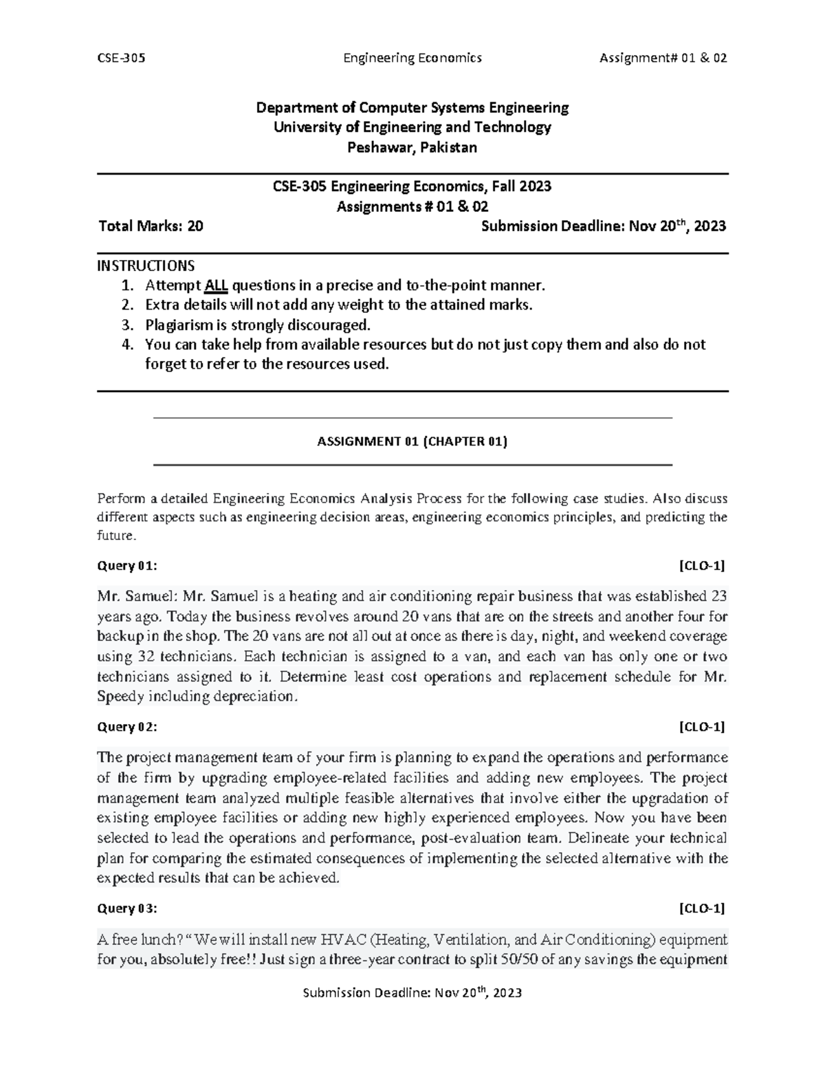 Assignment 1 & 2 Fall 2023 - CSE-305 Engineering Economics Assignment ...