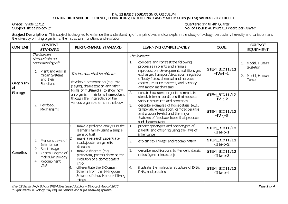 General-Biology-2 Guideline - SENIOR HIGH SCHOOL – SCIENCE, TECHNOLOGY ...