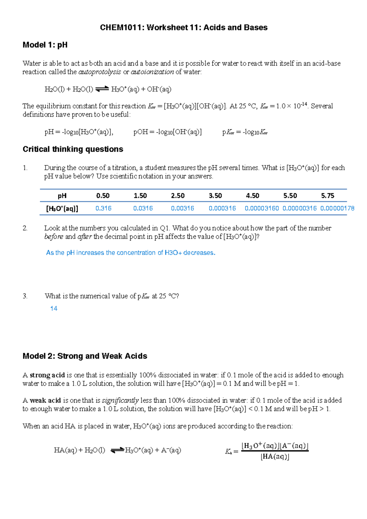 Tutorial 11 - tut questions - CHEM1011: Worksheet 11: Acids and Bases ...