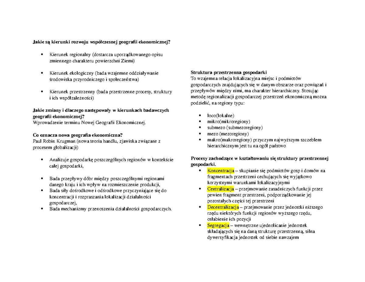 Geografia ekonomiczna - pytania i odpowiedzi - Jakie są kierunki