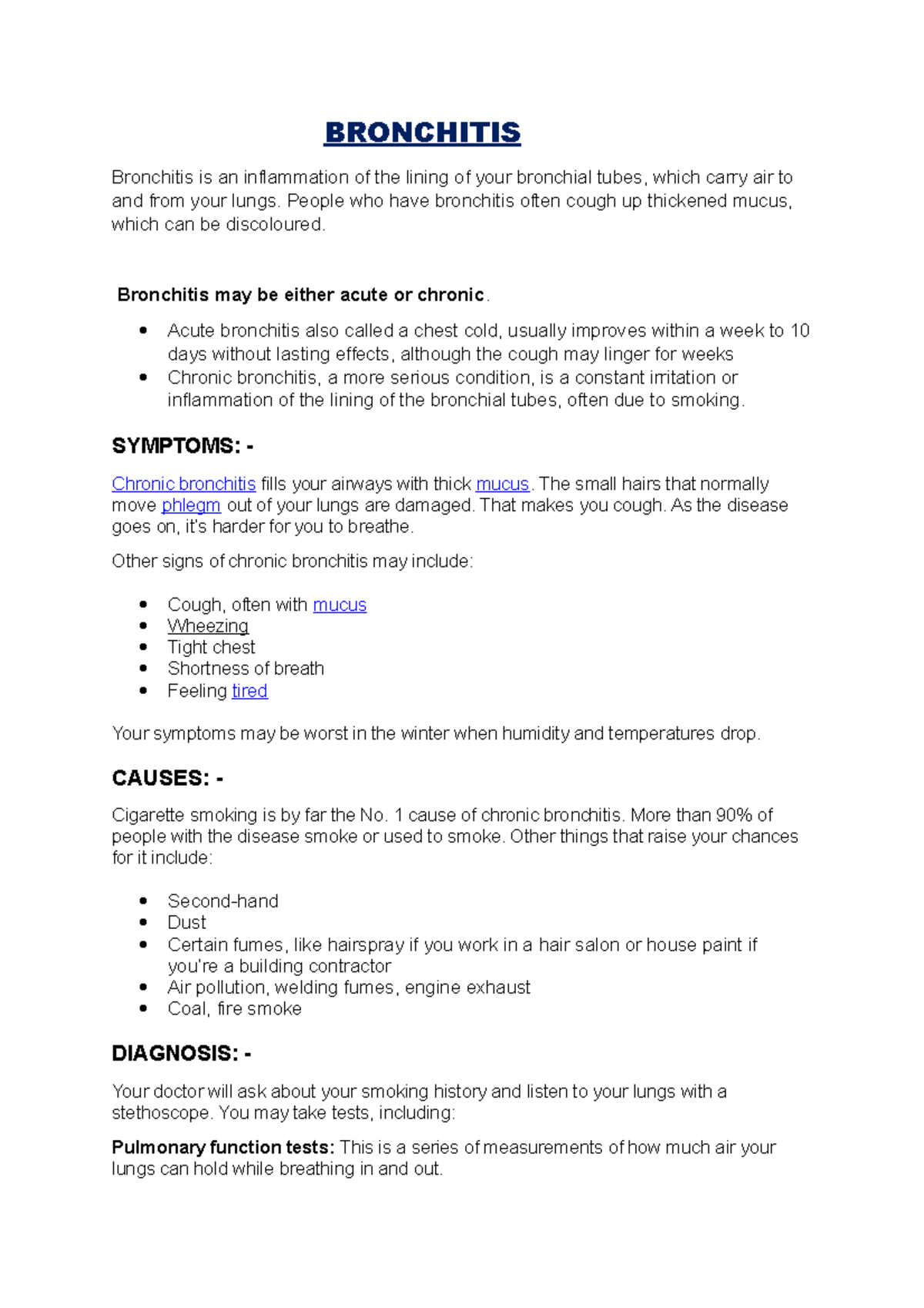 Bronchitis - BRONCHITIS Bronchitis is an inflammation of the lining of ...