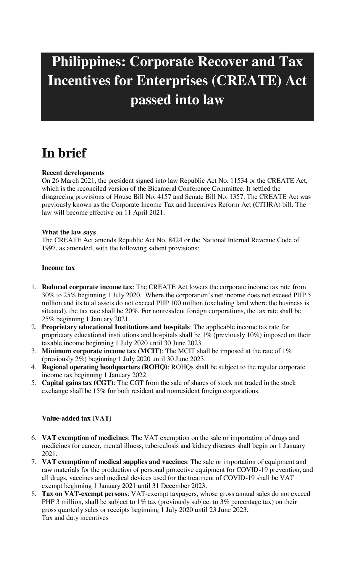 Create Law Brief Discussion Philippines Corporate Recover And Tax Incentives For Enterprises 8995