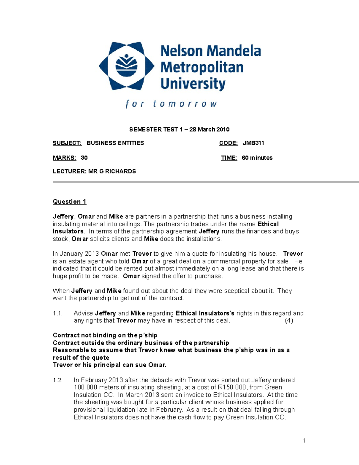 Test 1 2013 Memo Test memo SEMESTER TEST 1 28 March 2010 SUBJECT