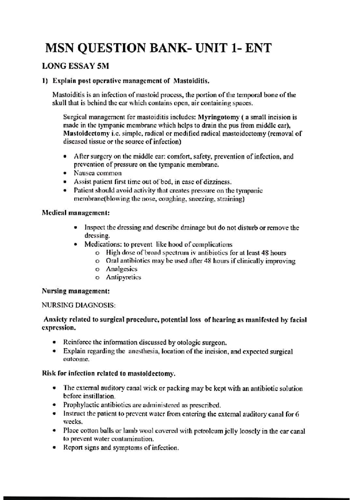 ENT Lecture - MSN QUESTION UNIT ENT LONG ESSAY 5M 1) Explain post ...