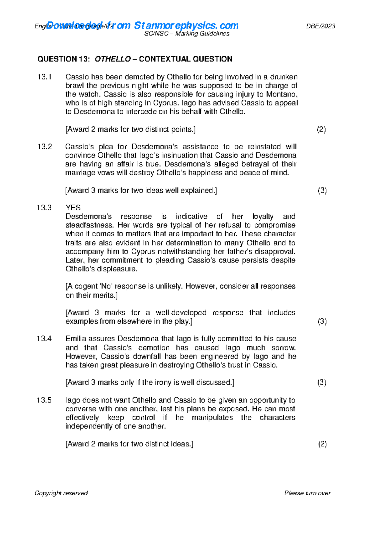 2023 Othello Questions MEMO English Home Language/P2 19 DBE/ SC/NSC