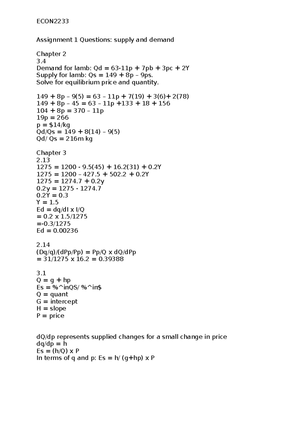 Assignment 1 Questions - ECON Assignment 1 Questions: supply and demand ...