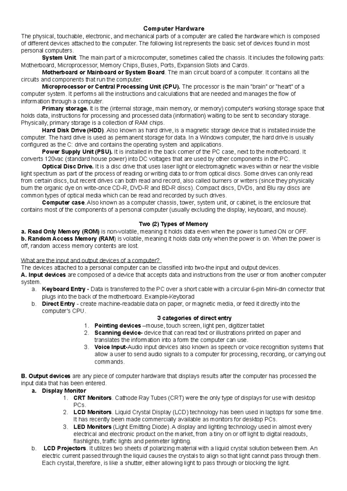 Computer Hardware and software note - Computer Hardware The physical ...