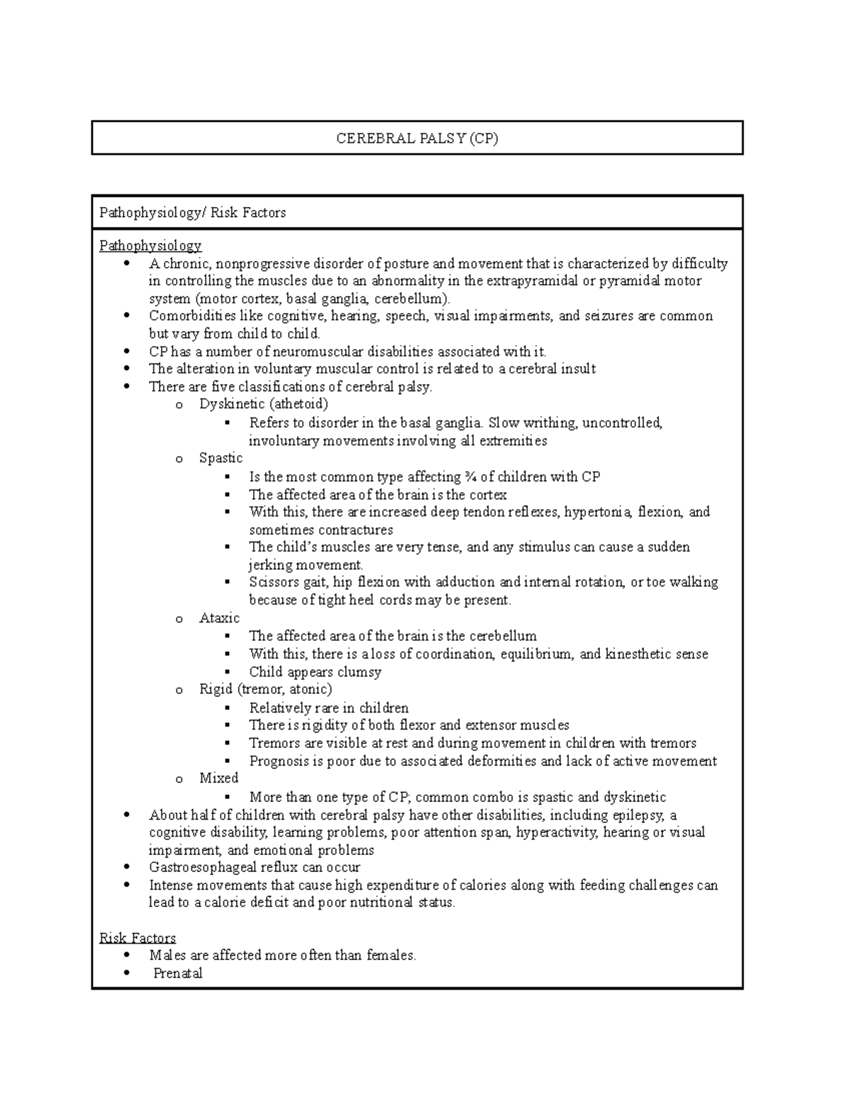 Cerebral Palsy Risk Factors and Pathophysiology - Studocu