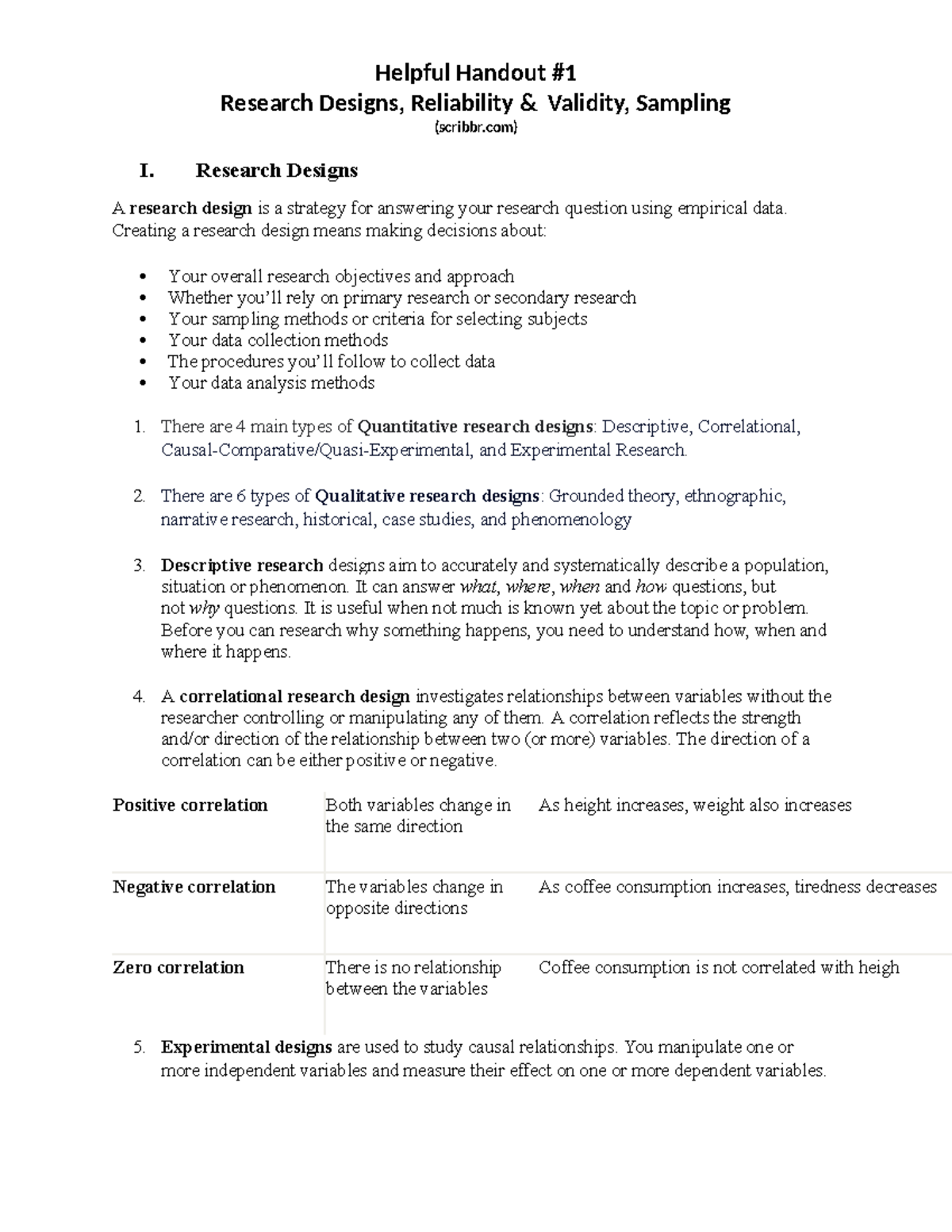 NURS 450 Helpful Handout 1 - Research Designs, Reliability & Validity ...