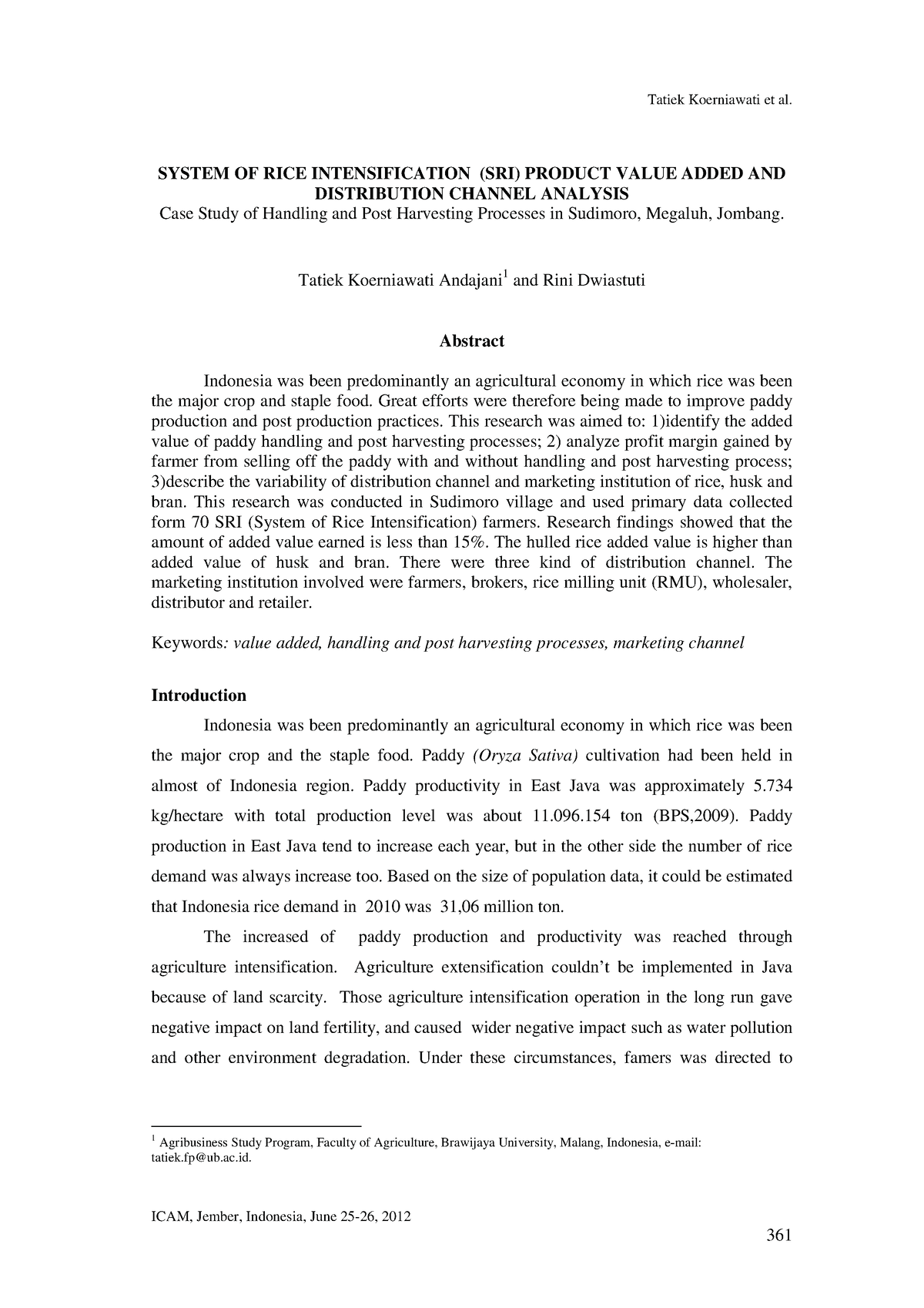 System OF RICE Intensification (SRI) Product Value Added AND ...