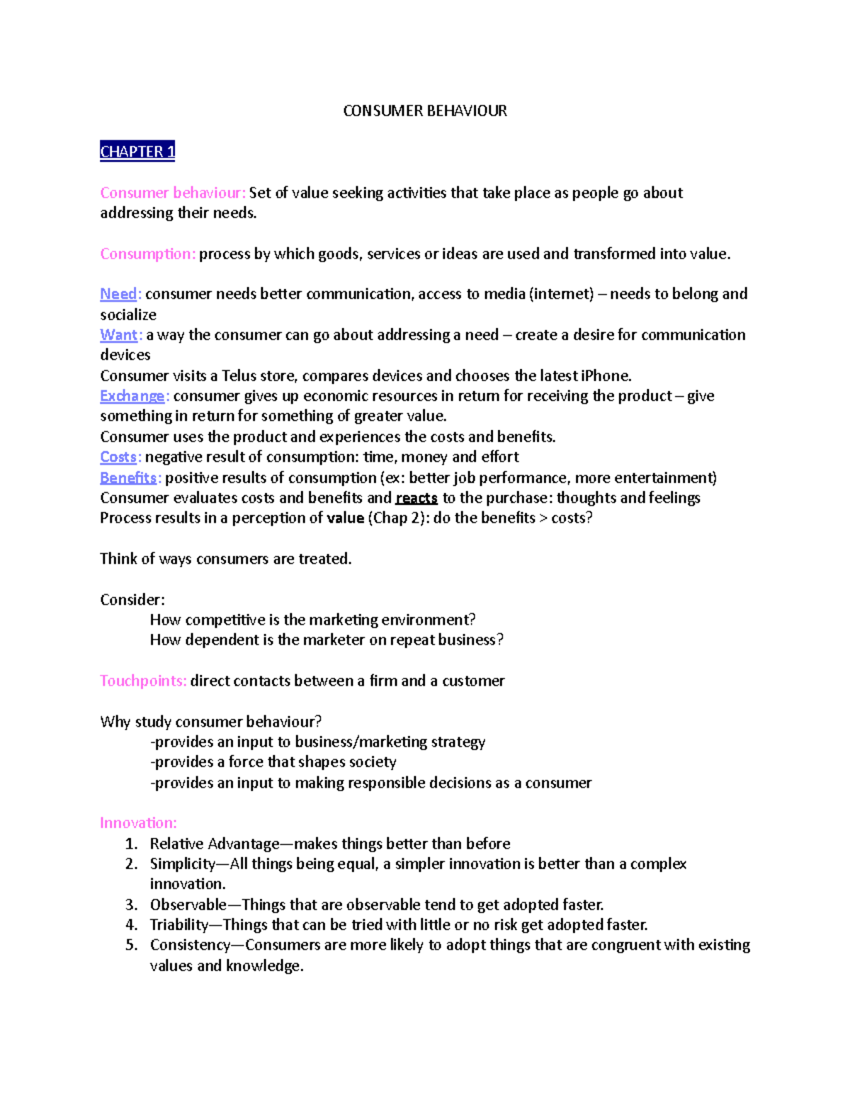 Notes chapter 1-5 - CONSUMER BEHAVIOUR CHAPTER 1 Consumer behaviour ...