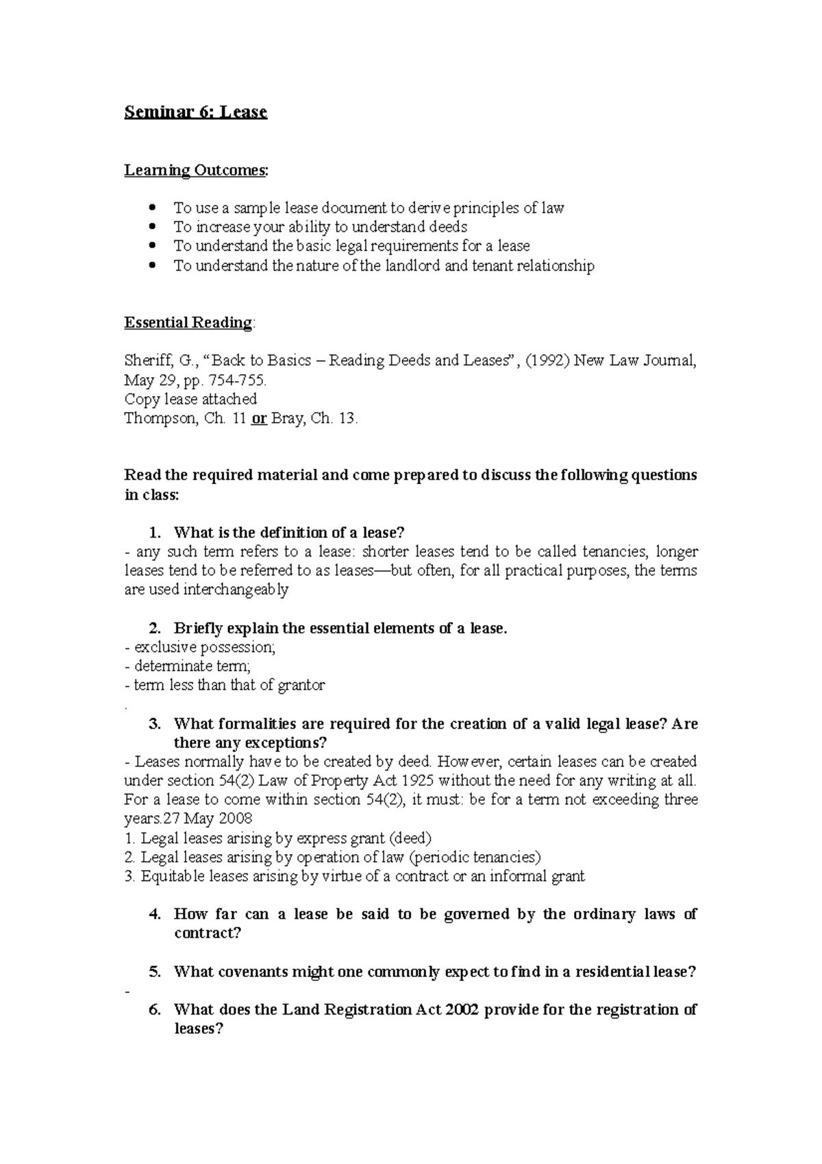 Seminar 6 - Leases - some questions that can come up - Seminar 6: Lease ...
